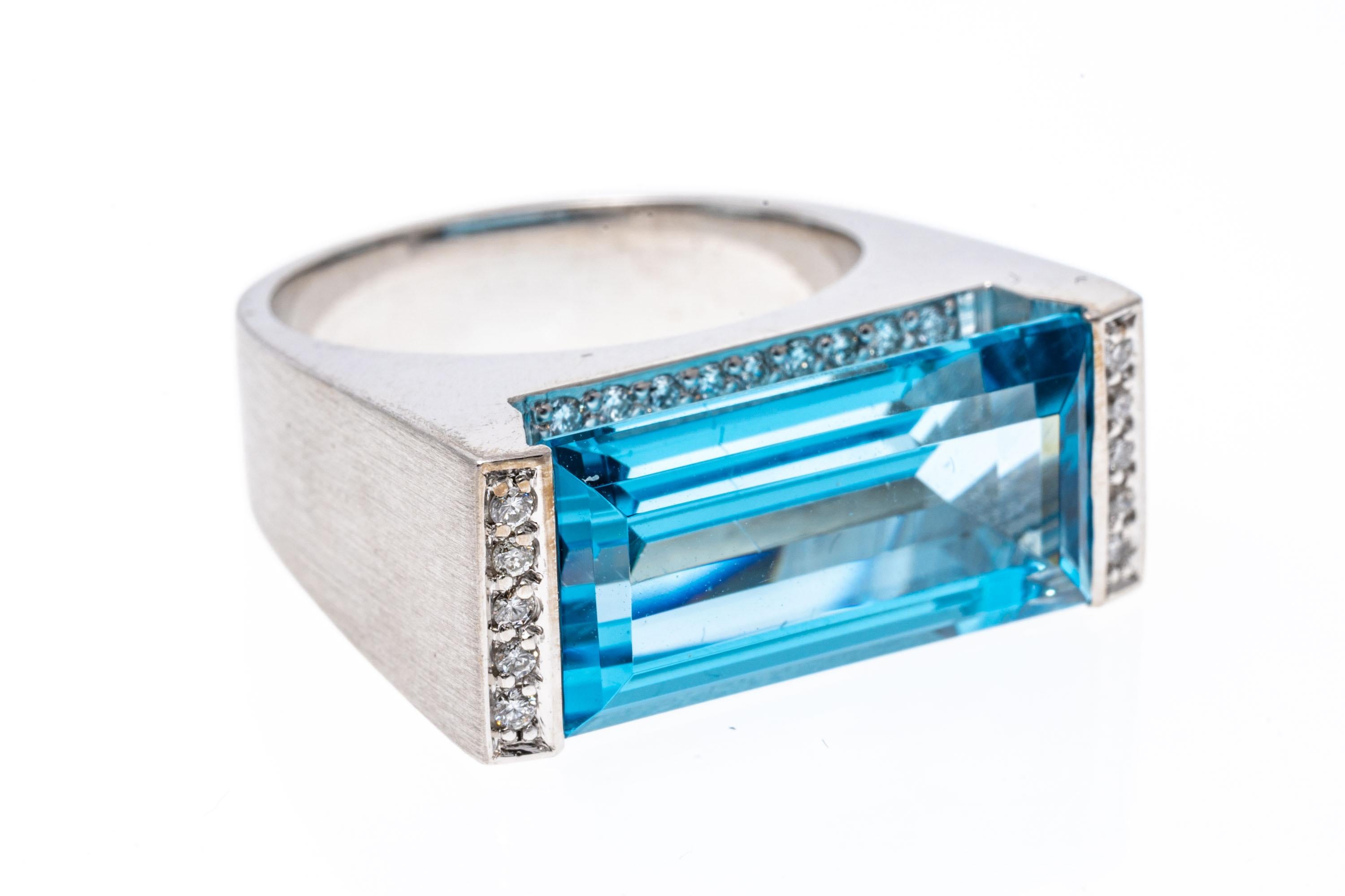 Contemporary 18k Gold Ultra Modern Narrow Rectangular Blue Topaz and Diamond Ring For Sale