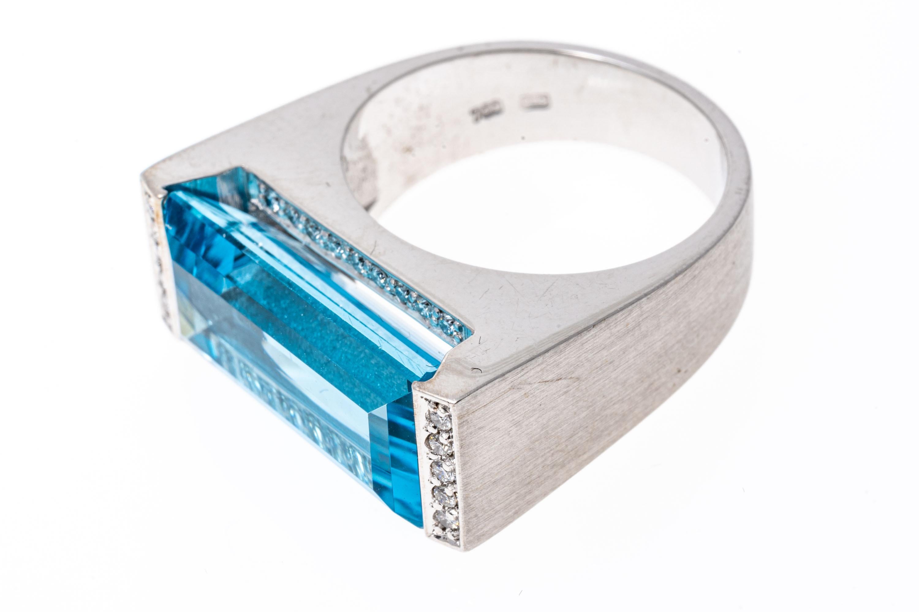 Emerald Cut 18k Gold Ultra Modern Narrow Rectangular Blue Topaz and Diamond Ring For Sale