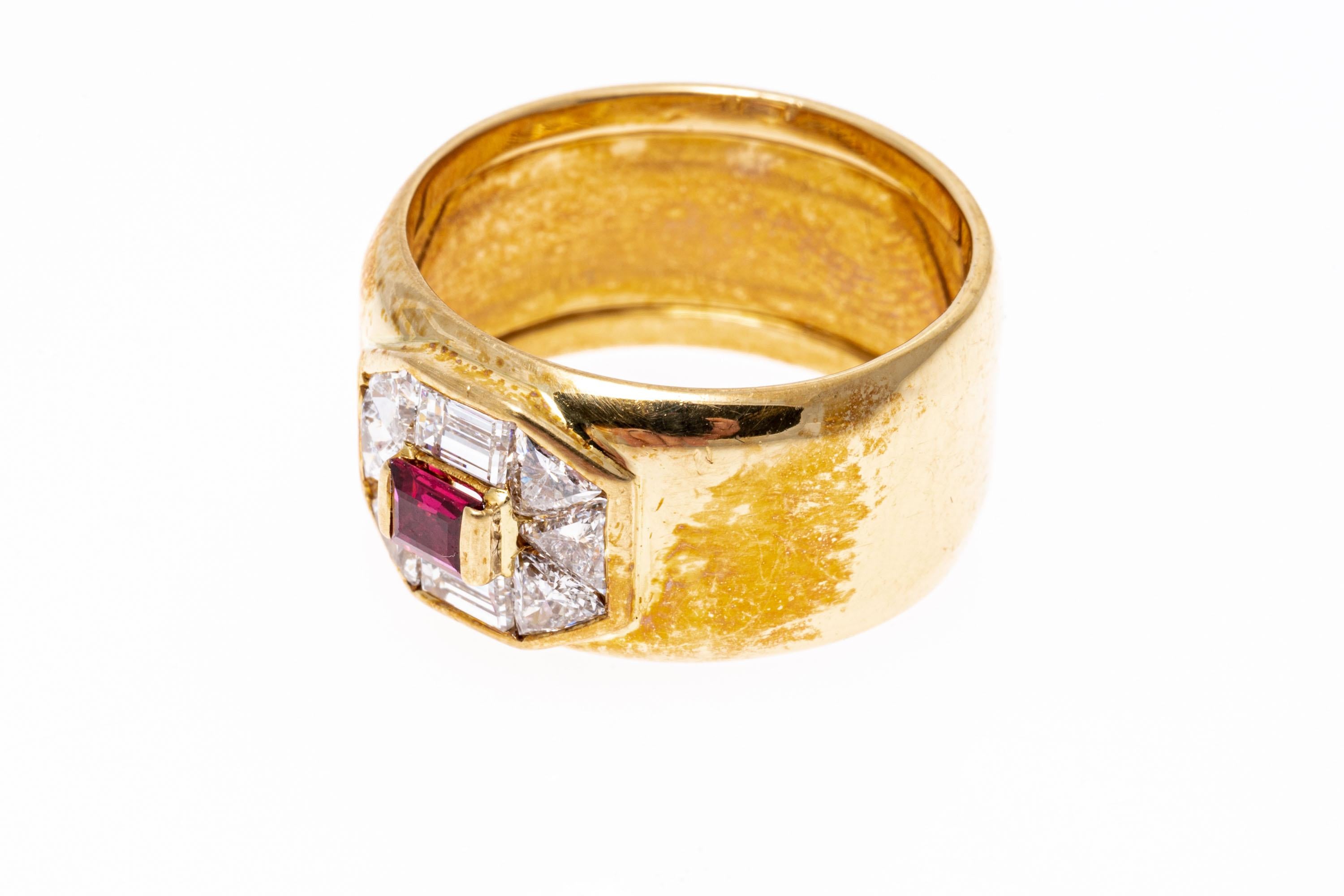 Contemporary 18k Gold Ultra Wide Ruby, Trillion and Emerald Cut Diamond Band Ring For Sale