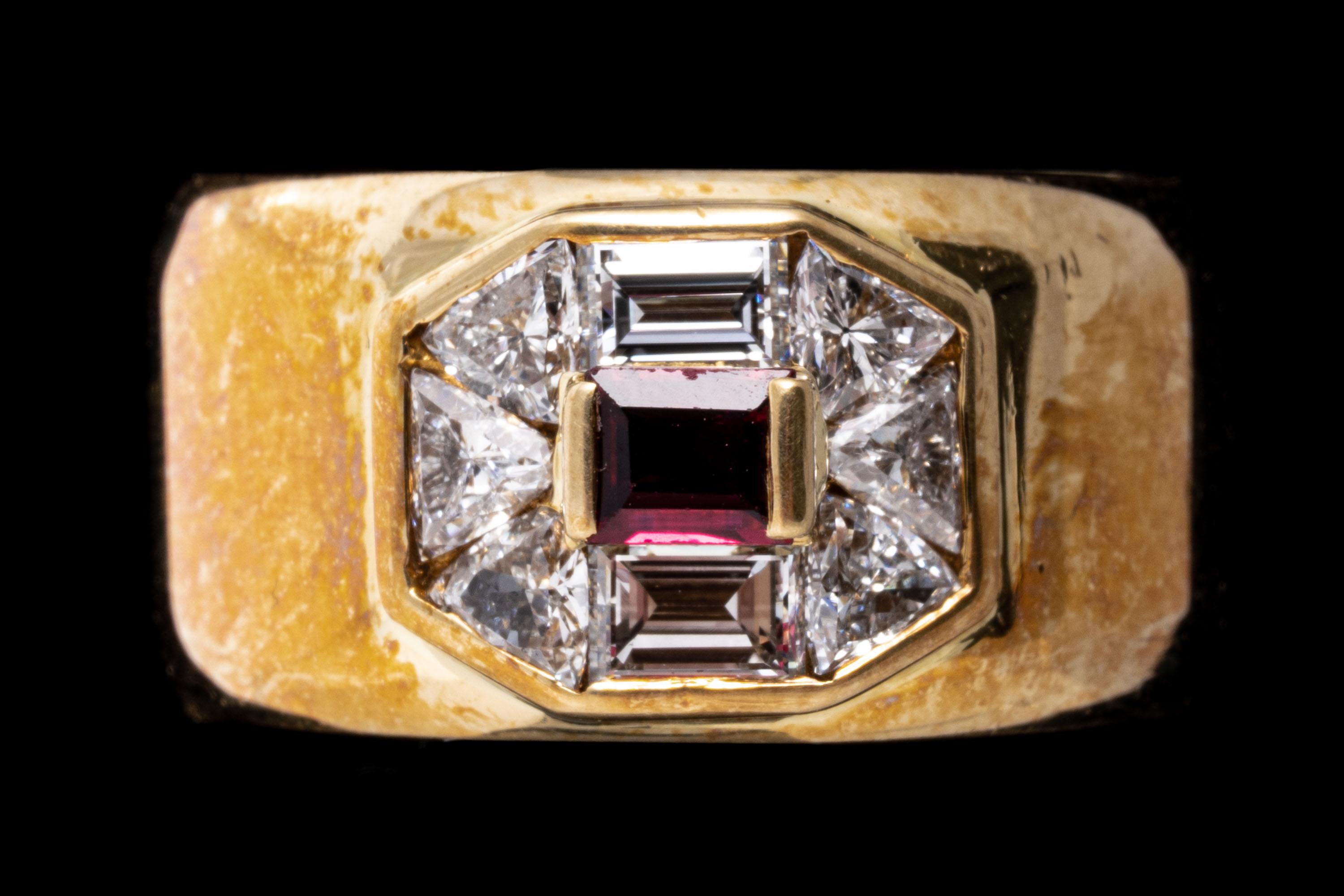 Trillion Cut 18k Gold Ultra Wide Ruby, Trillion and Emerald Cut Diamond Band Ring For Sale