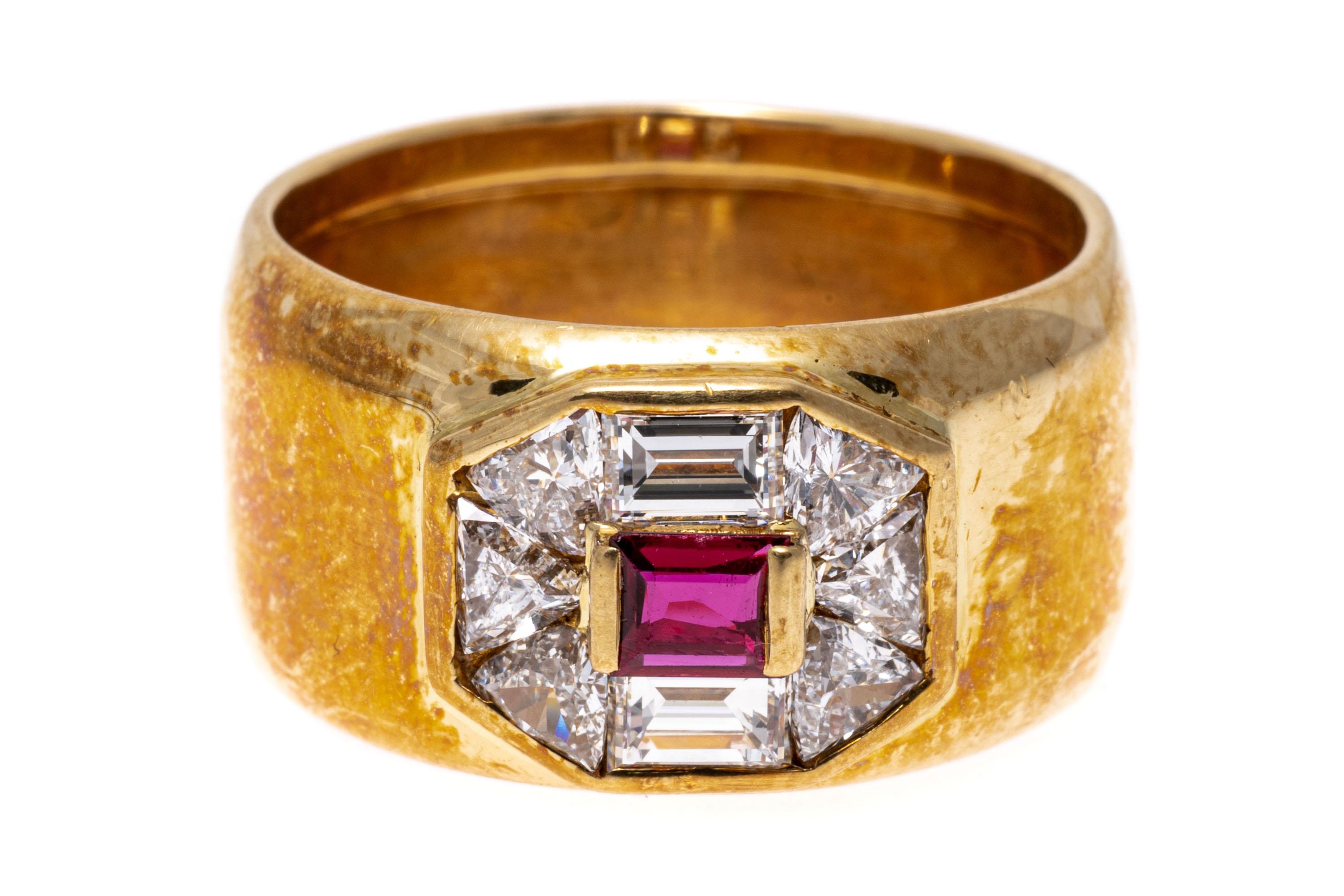 18k Gold Ultra Wide Ruby, Trillion and Emerald Cut Diamond Band Ring For Sale 1