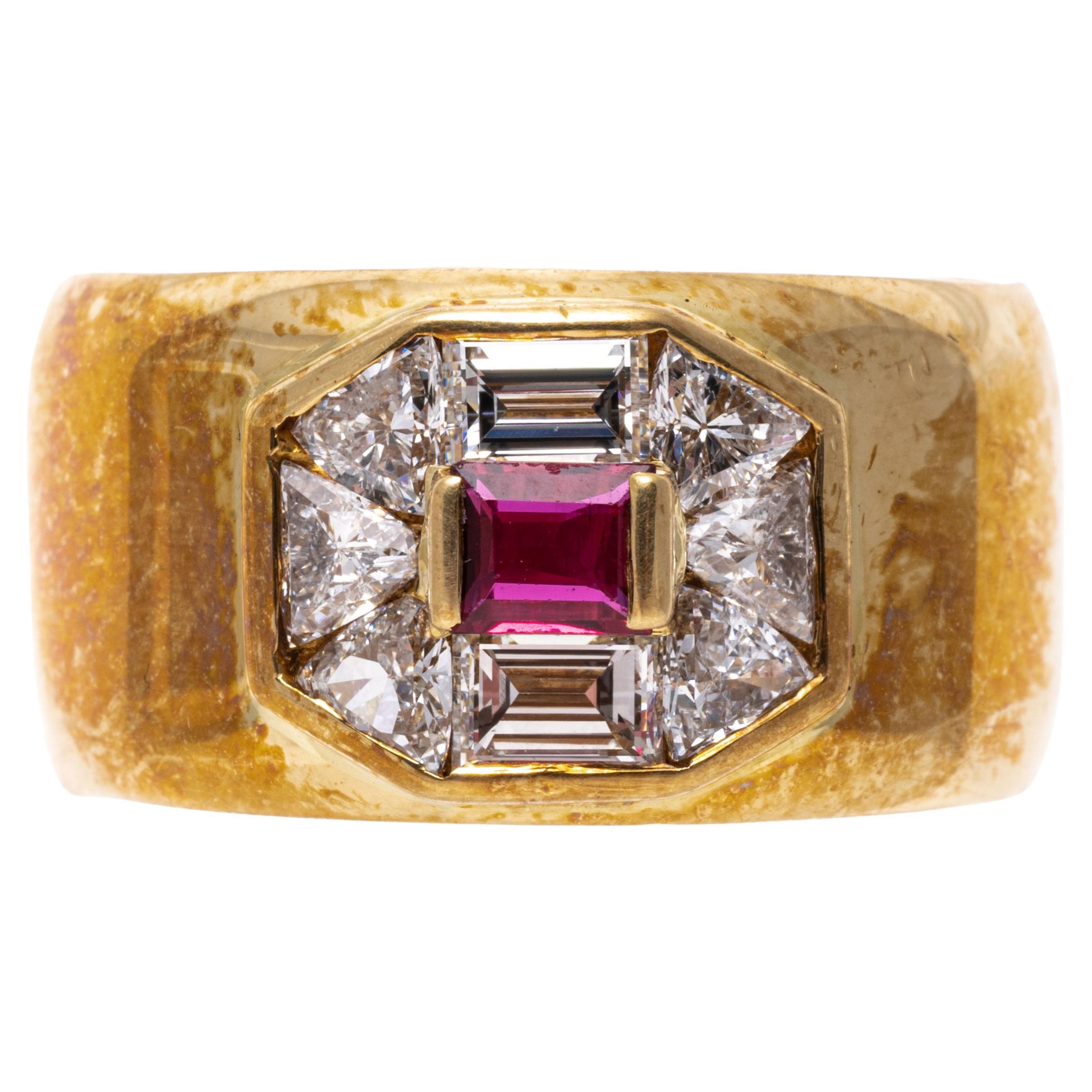 18k Gold Ultra Wide Ruby, Trillion and Emerald Cut Diamond Band Ring For Sale