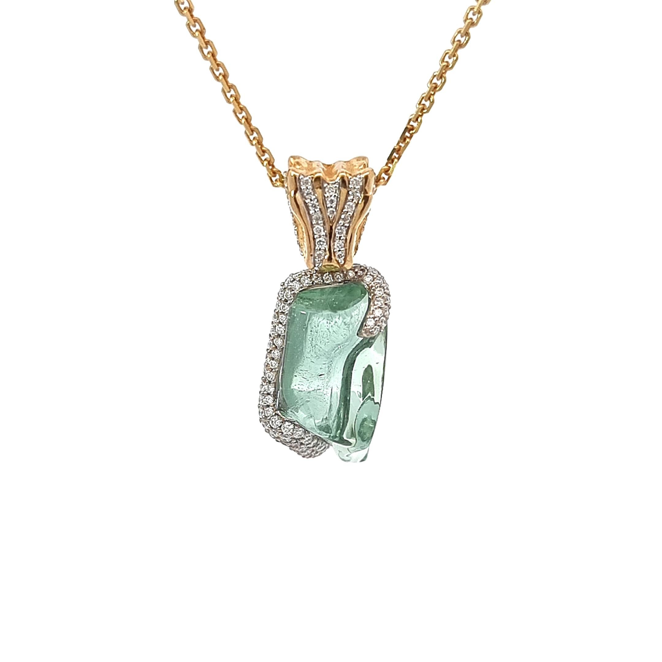 18K Gold Uncut Aquamarine Pendant with Diamonds For Sale 5