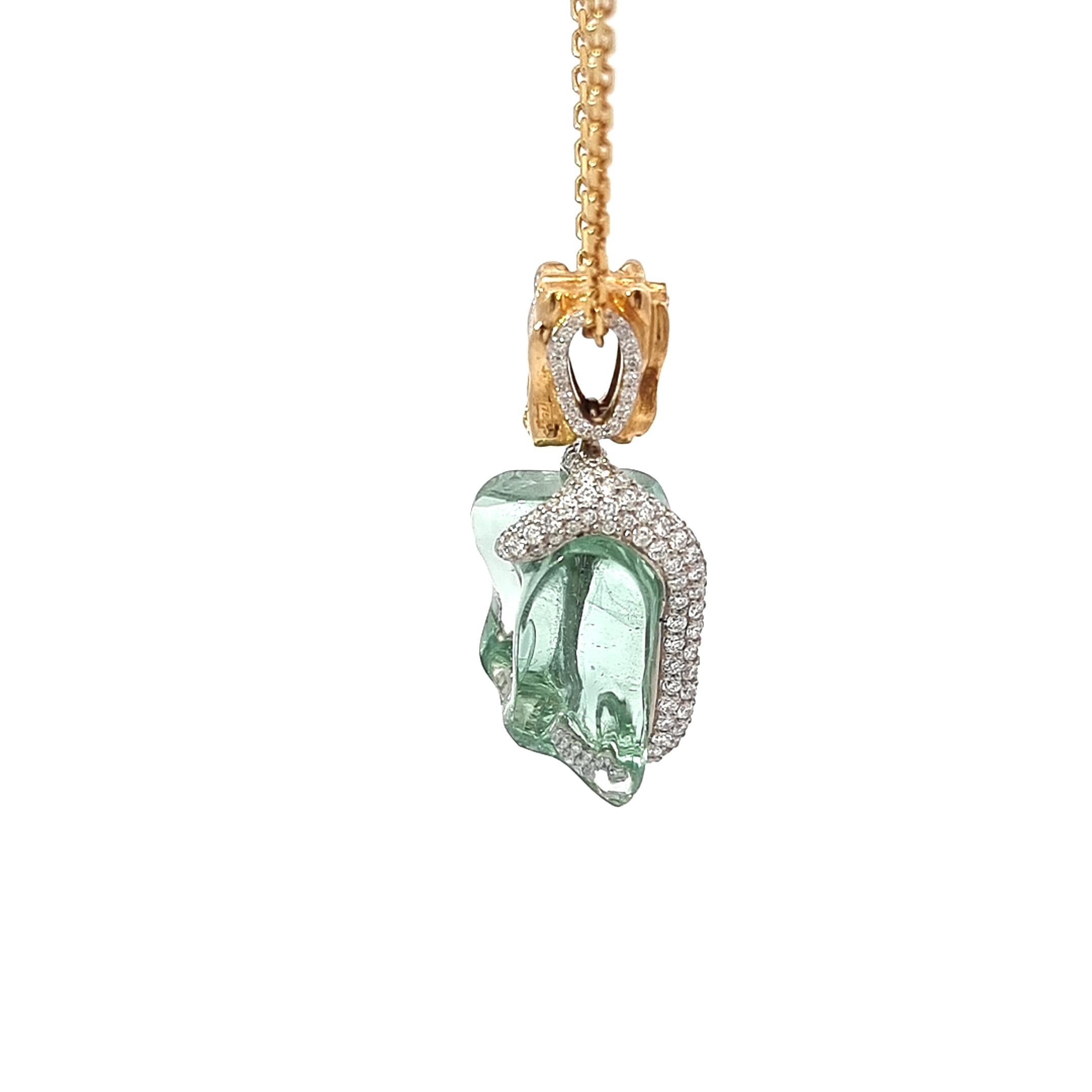 18K Gold Uncut Aquamarine Pendant with Diamonds For Sale 6