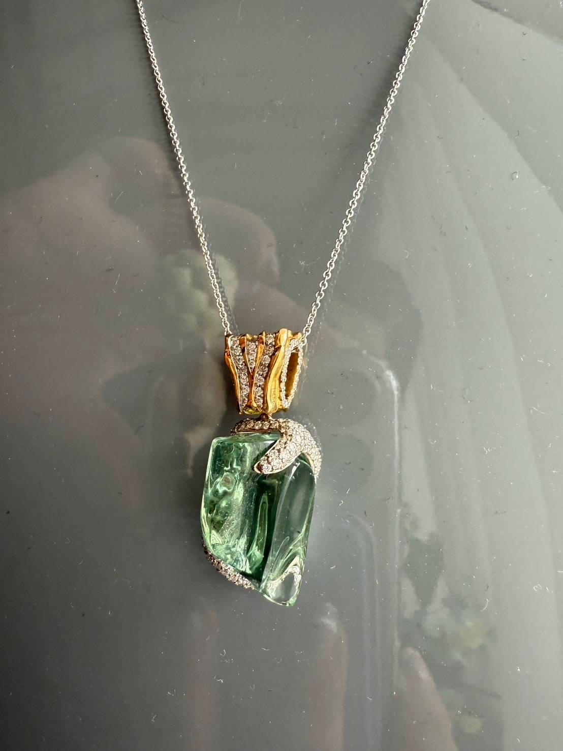 18K Gold Uncut Aquamarine Pendant with Diamonds 8