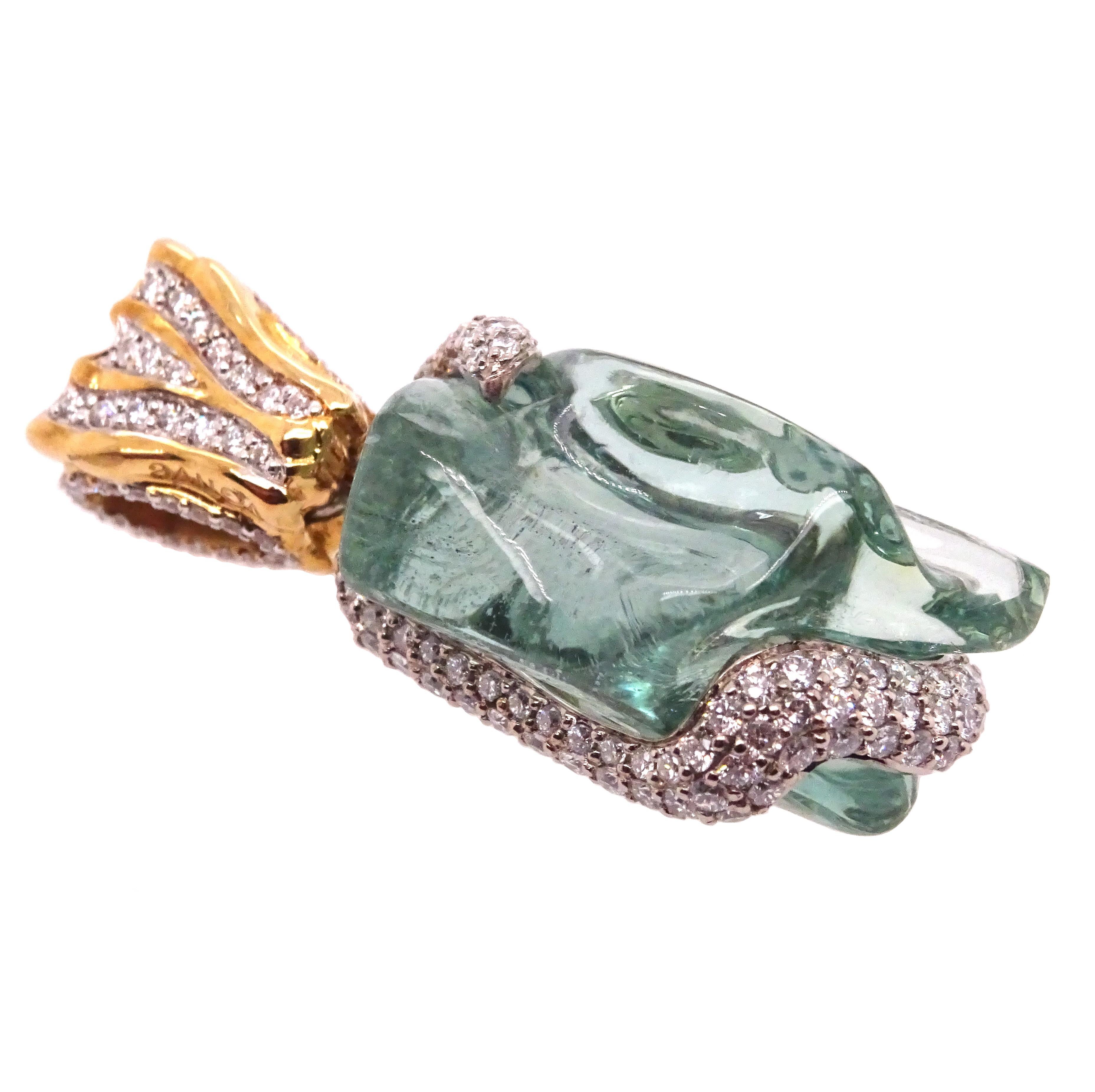 18K Gold Uncut Aquamarine Pendant with Diamonds In New Condition For Sale In ประเวศ, TH
