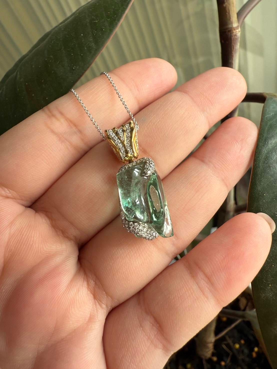 18K Gold Uncut Aquamarine Pendant with Diamonds 1