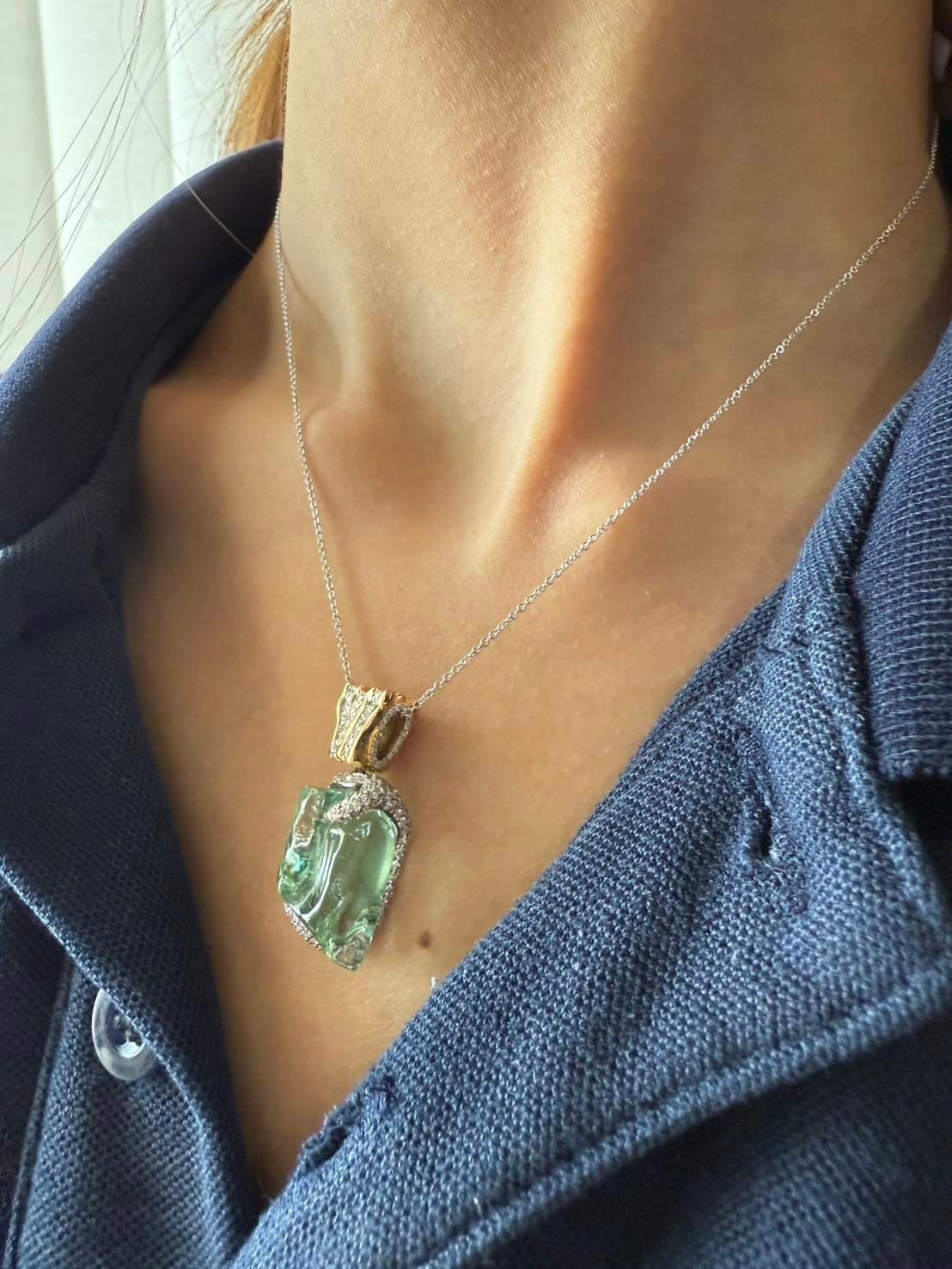18K Gold Uncut Aquamarine Pendant with Diamonds 2