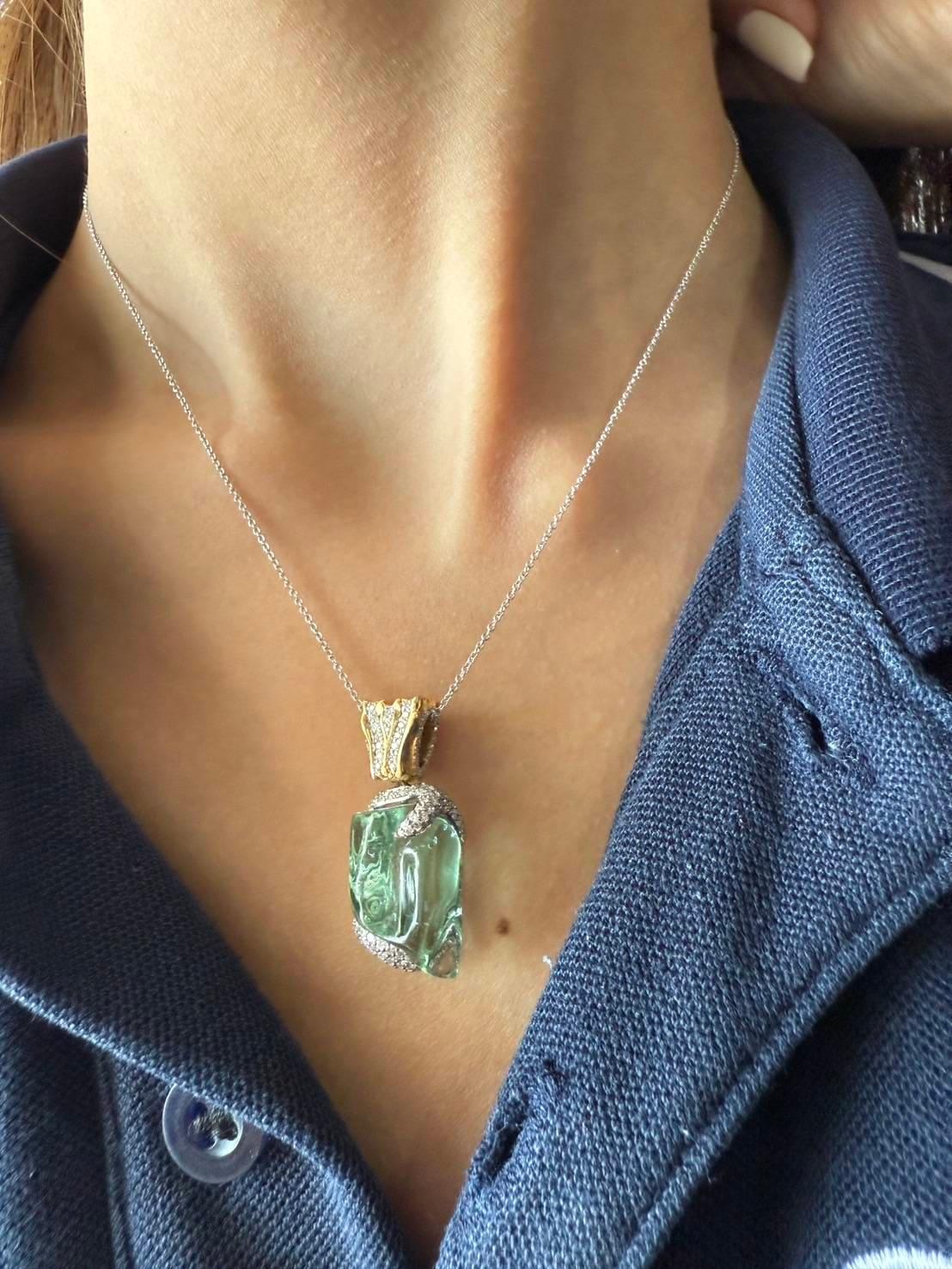 18K Gold Uncut Aquamarine Pendant with Diamonds 3