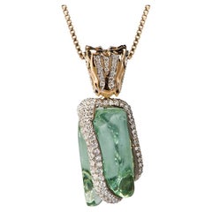 Retro 18K Gold Uncut Aquamarine Pendant with Diamonds