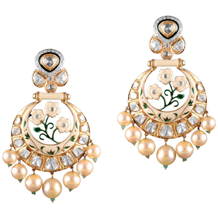 Diamond Polki Diamond Uncut Diamond Pearl Handmade 18k Gold Chandelier  Earrings For Sale at 1stDibs | polki diamond earrings