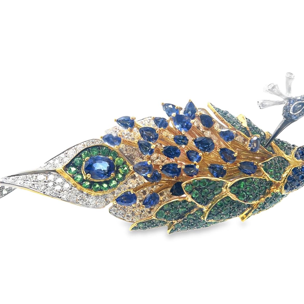 Modern 18K Gold Unheated Sapphire & Green Garnet Peacock Brooch & Pendant with Diamonds For Sale