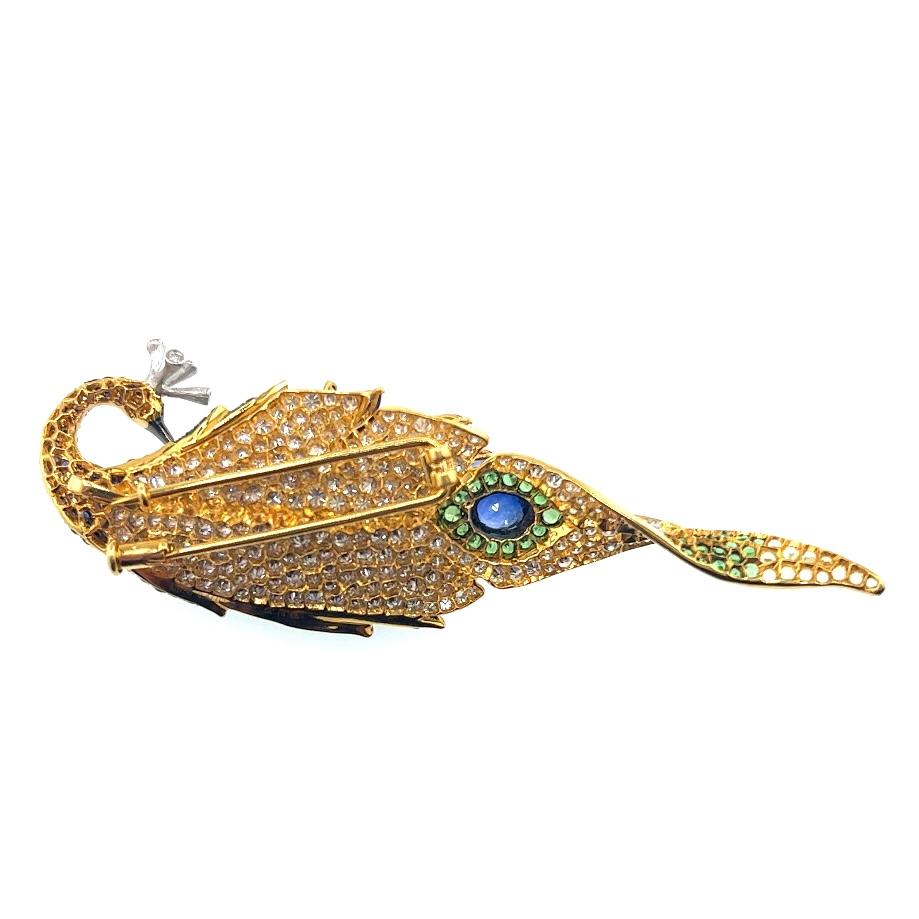 Round Cut 18K Gold Unheated Sapphire & Green Garnet Peacock Brooch & Pendant with Diamonds For Sale
