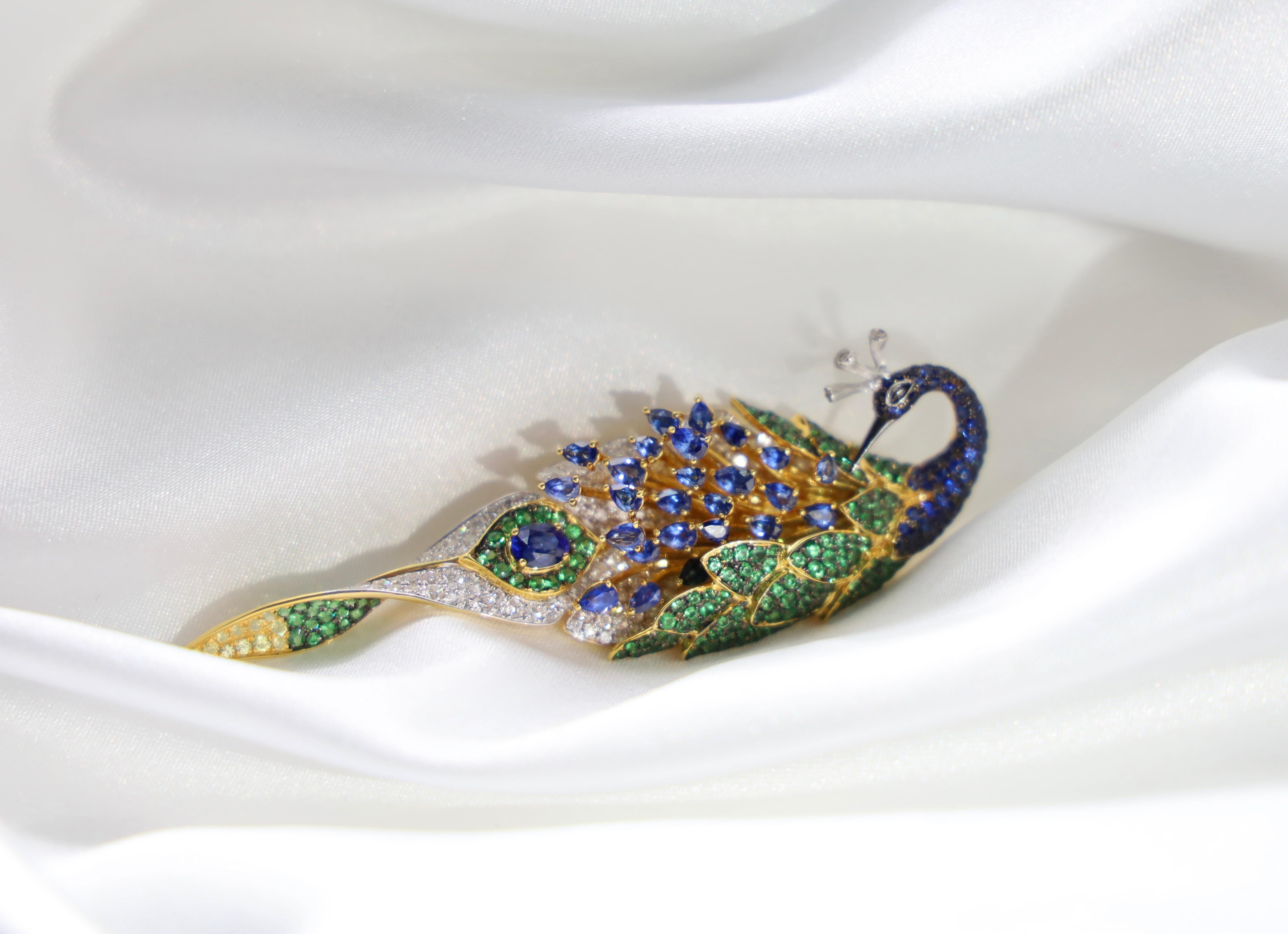 Women's or Men's 18K Gold Unheated Sapphire & Green Garnet Peacock Brooch & Pendant with Diamonds For Sale