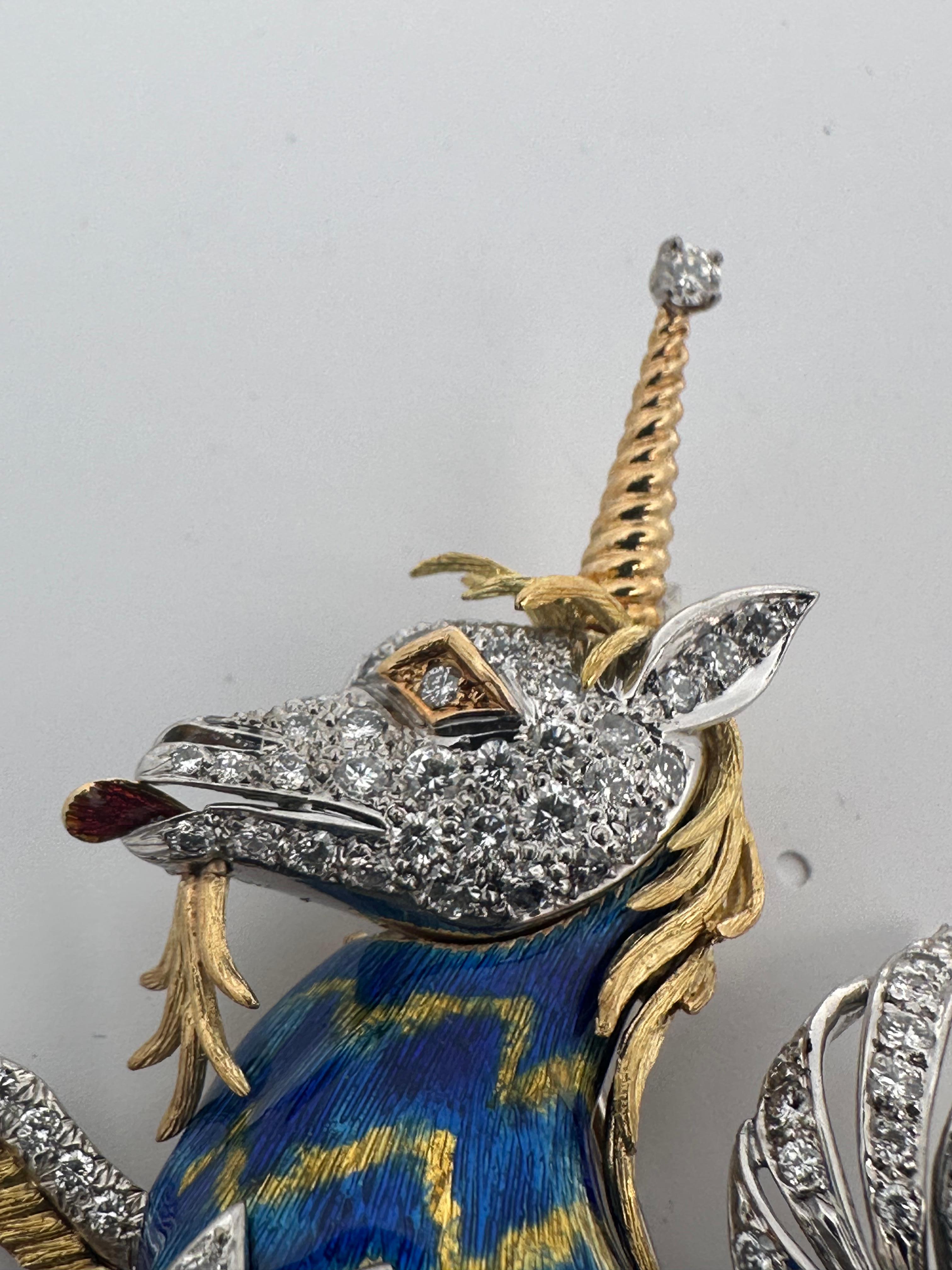Modern 18K Gold Unicorn Horse Diamond and Enamel Brooch For Sale