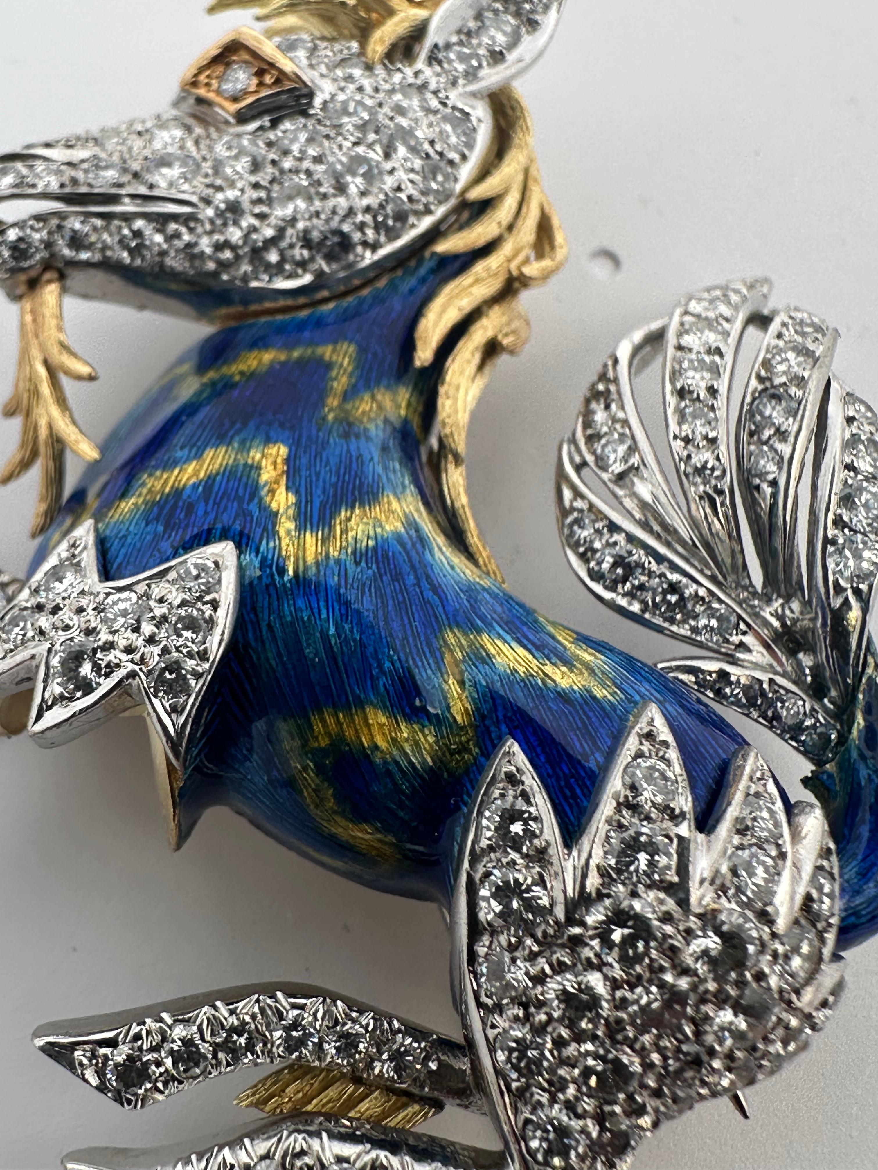Brilliant Cut 18K Gold Unicorn Horse Diamond and Enamel Brooch For Sale