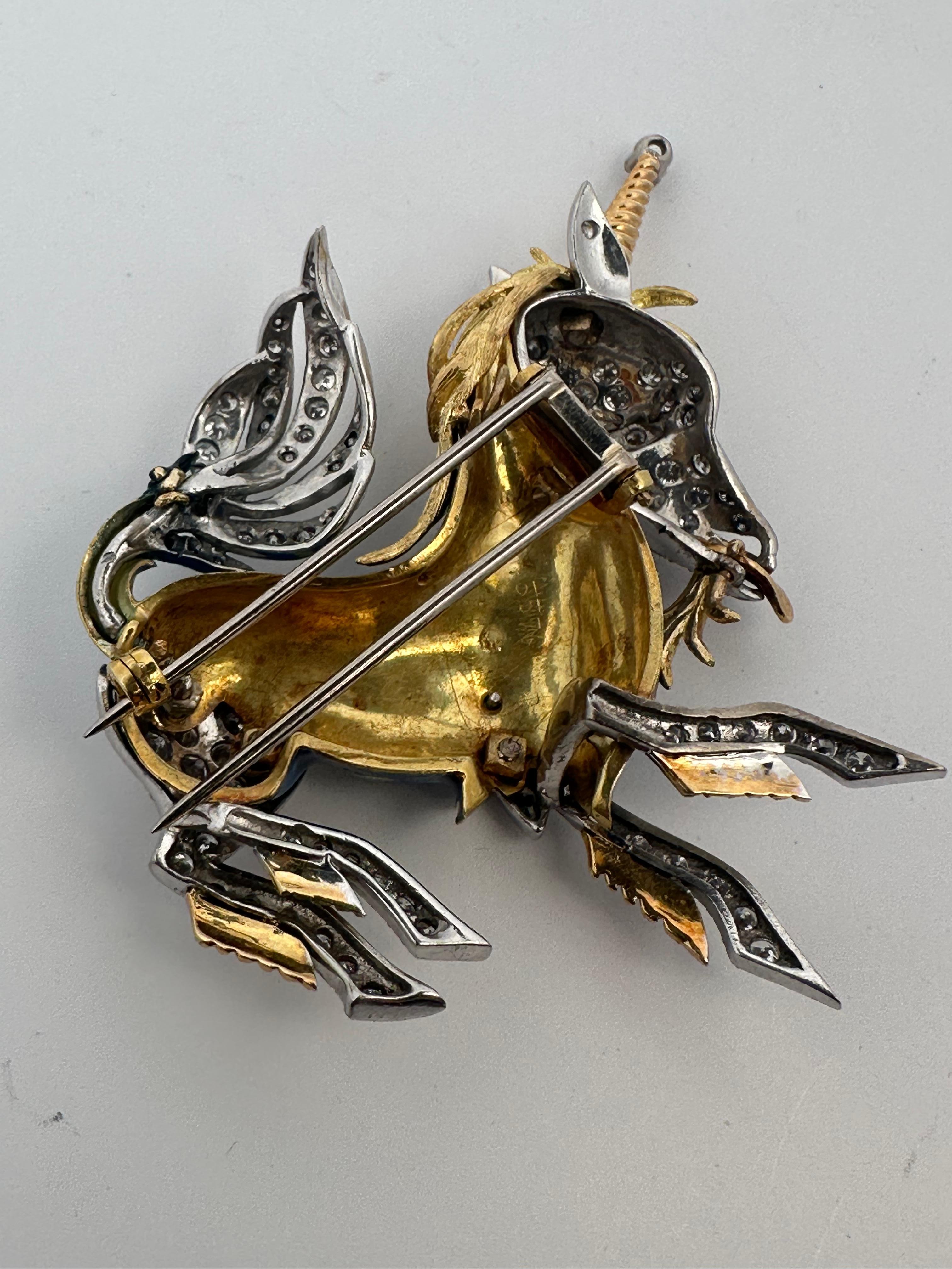 18K Gold Unicorn Horse Diamond and Enamel Brooch In Good Condition For Sale In Newton, MA