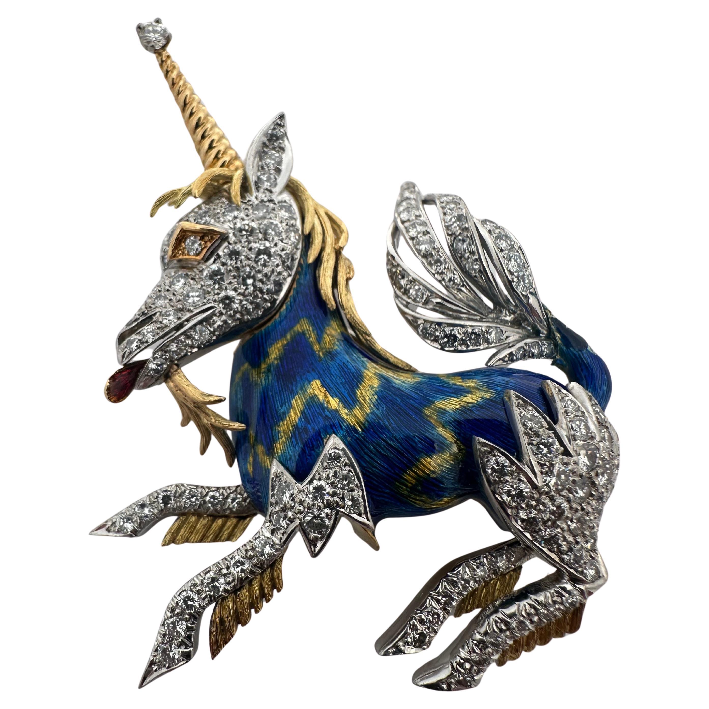 18K Gold Unicorn Horse Diamond and Enamel Brooch For Sale