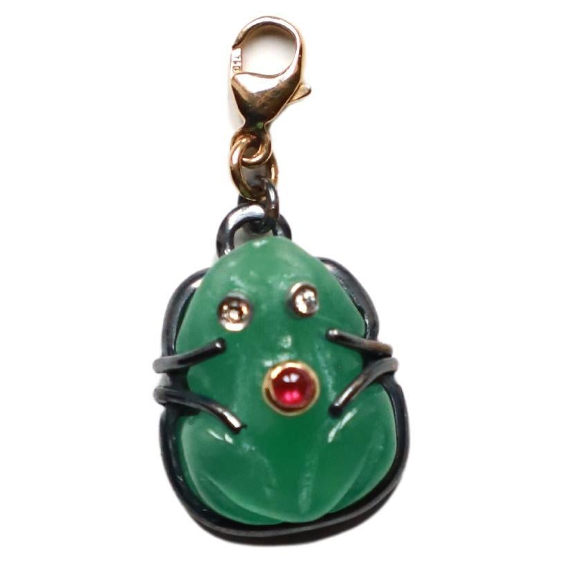 18k Gold Unisex Frog Charm Jadeite Jade Diamonds Ruby Burnished Silver Bezel