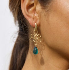 18k Gold V-Shaped Hoop Earrings and Blue Amber Drops