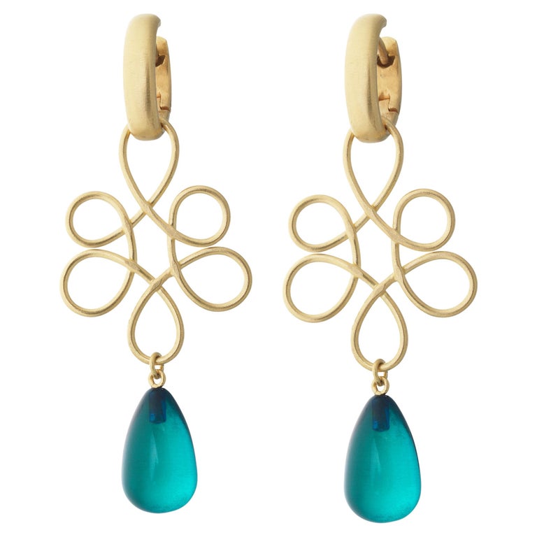 18k Gold VShaped Hoop Earrings and Blue Amber Drops For Sale at 1stDibs