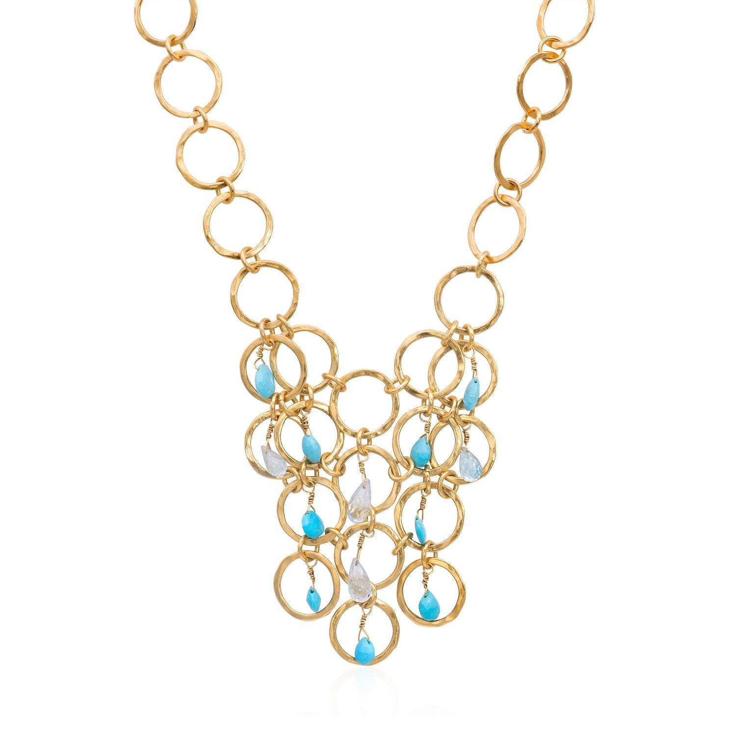 Art Deco 18k Gold Vermeil multi Hoop Bib Necklace with Peridot Stones For Sale
