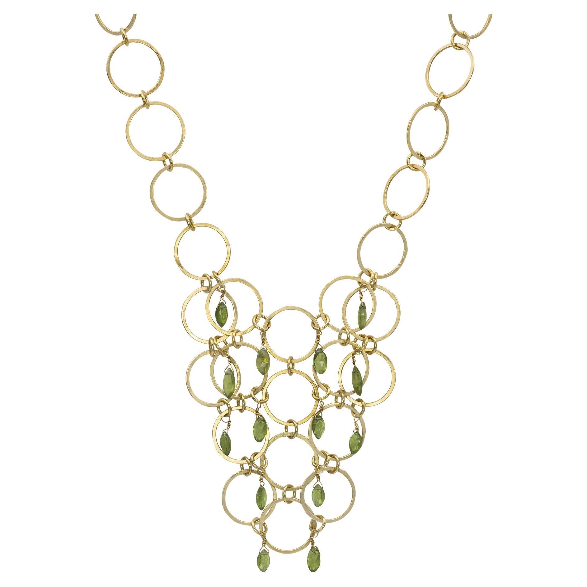 18k Gold Vermeil multi Hoop Bib Necklace with Peridot Stones For Sale