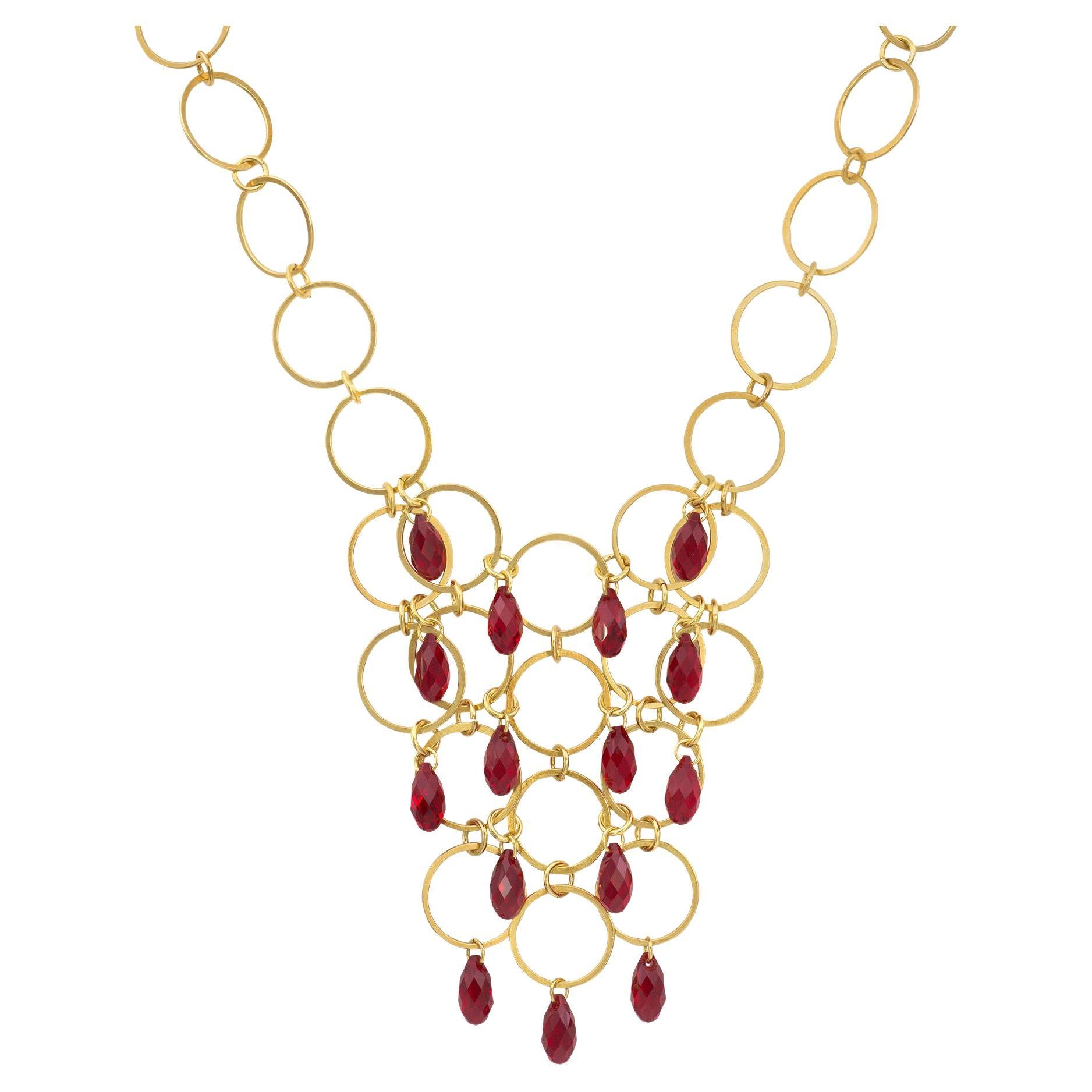 18k Gold Vermeil multi Hoop Bib Necklace with Red Swarovski Crystals For Sale