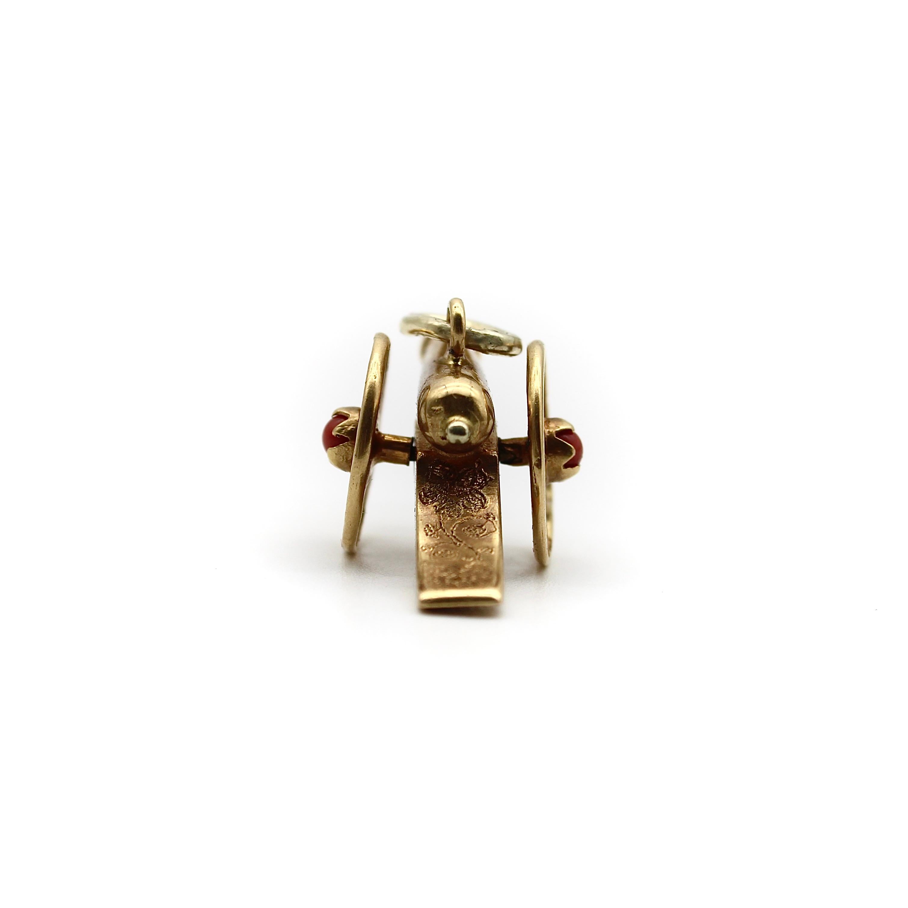Cabochon 18K Gold Victorian Articulated Cannon Charm with Coral For Sale