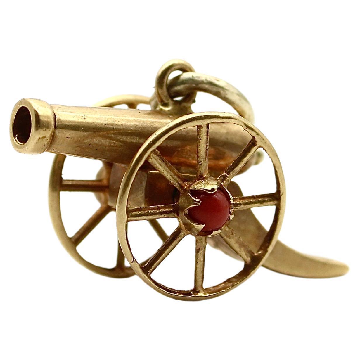 18K Gold Victorian Articulated Cannon Charm with Coral For Sale
