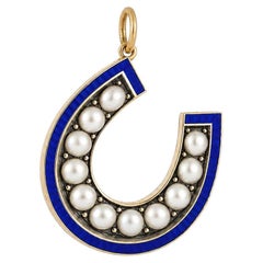 18k Gold Victorian France Guilloché Blue Enamel and Pearl Horseshoe Charm