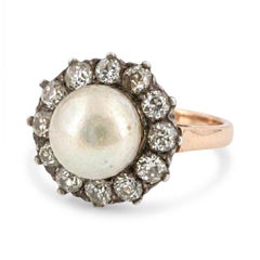 18K Gold Victorian Natural Pearl Diamond Ring