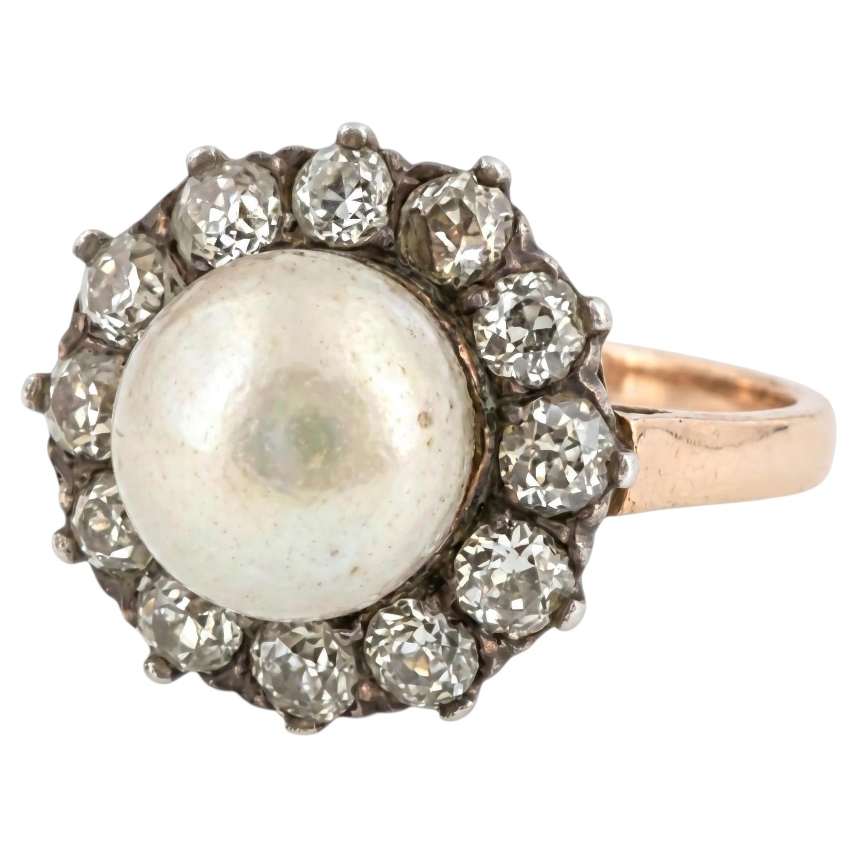 Bague victorienne en or 18 carats avec perle naturelle et diamant