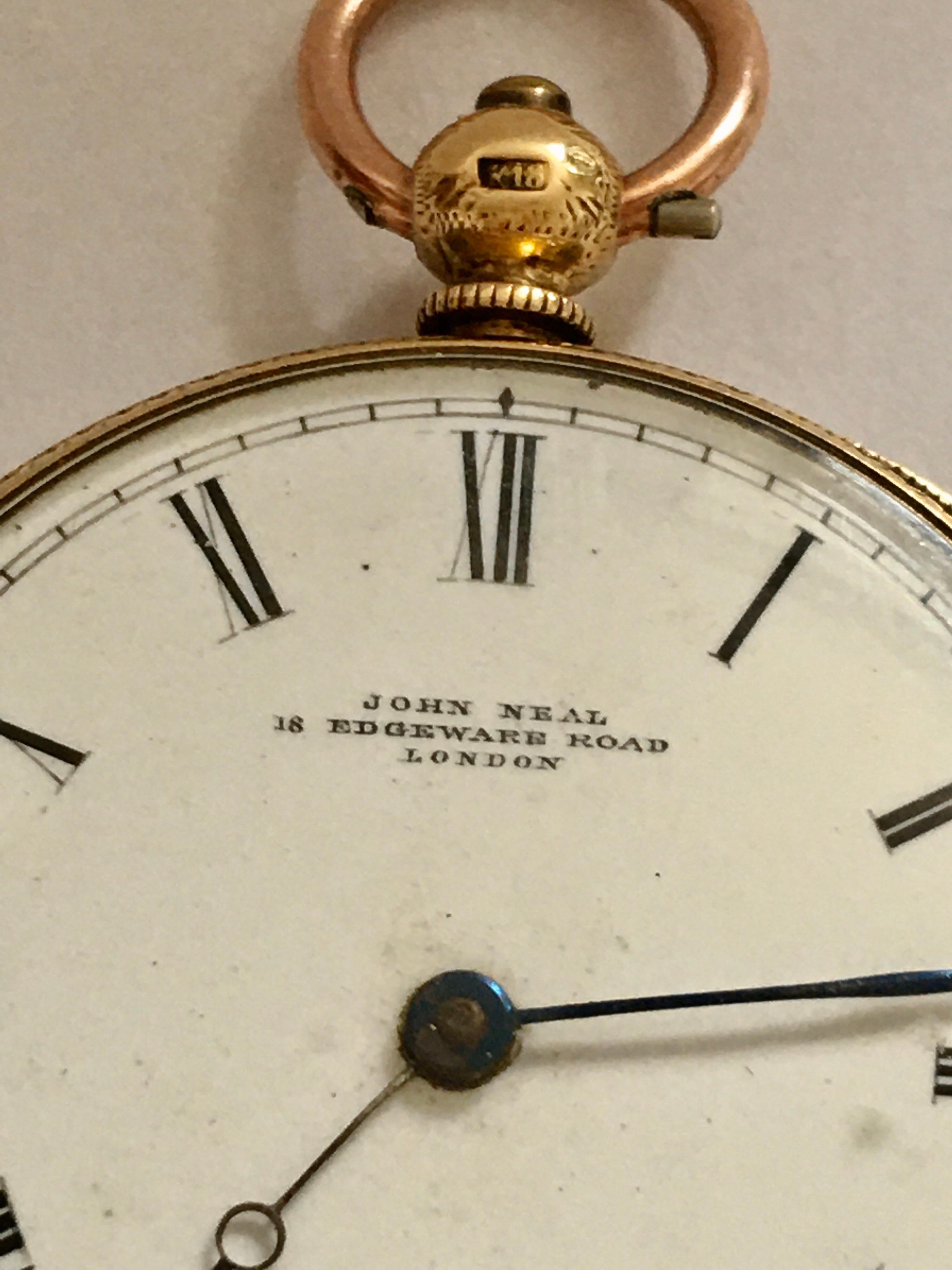 18K Gold Victorian Period Ladies Fob / Pocket Watch Signed by John Neal, London For Sale 3