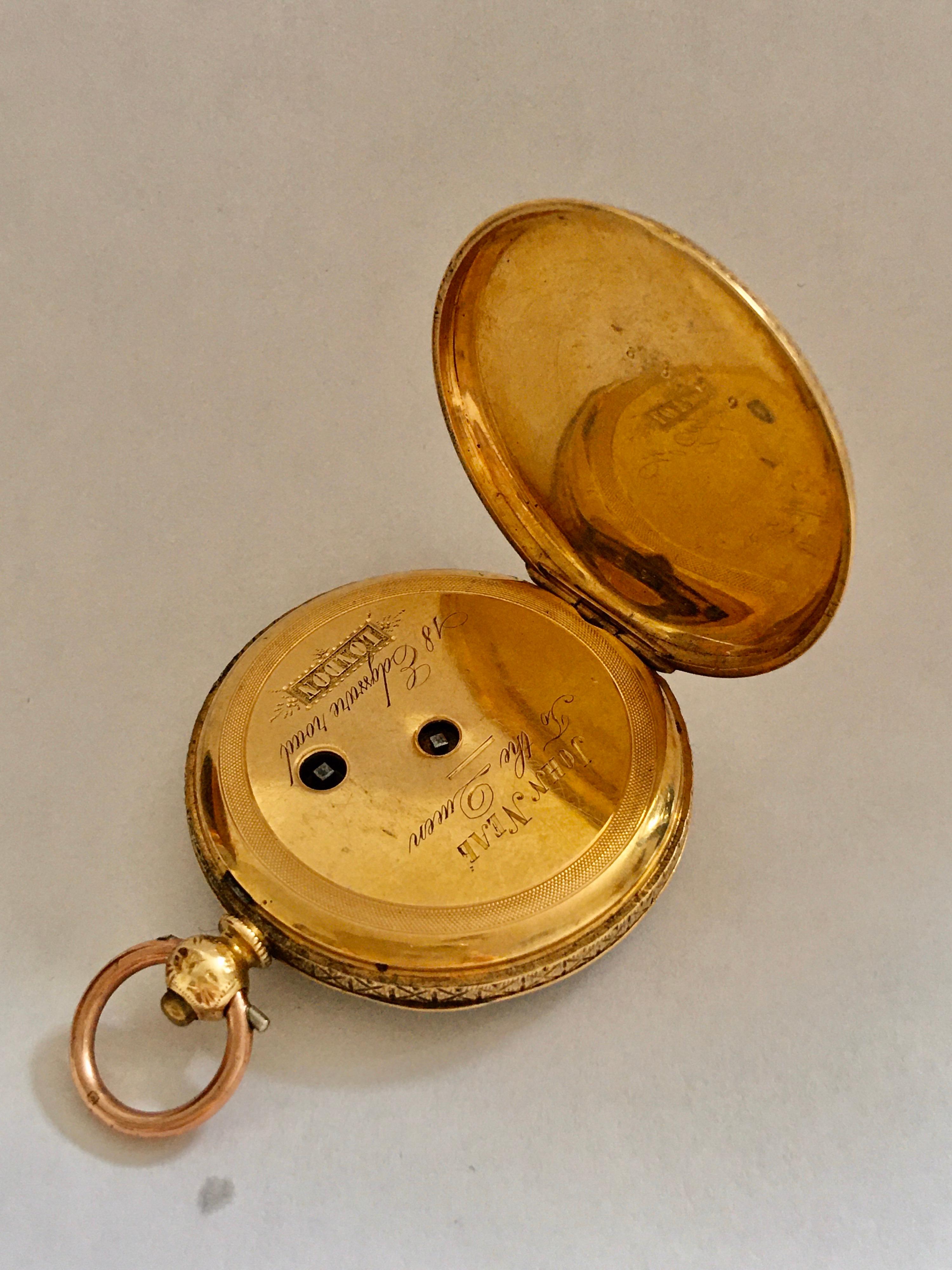 18K Gold Victorian Period Ladies Fob / Pocket Watch Signed by John Neal, London For Sale 8