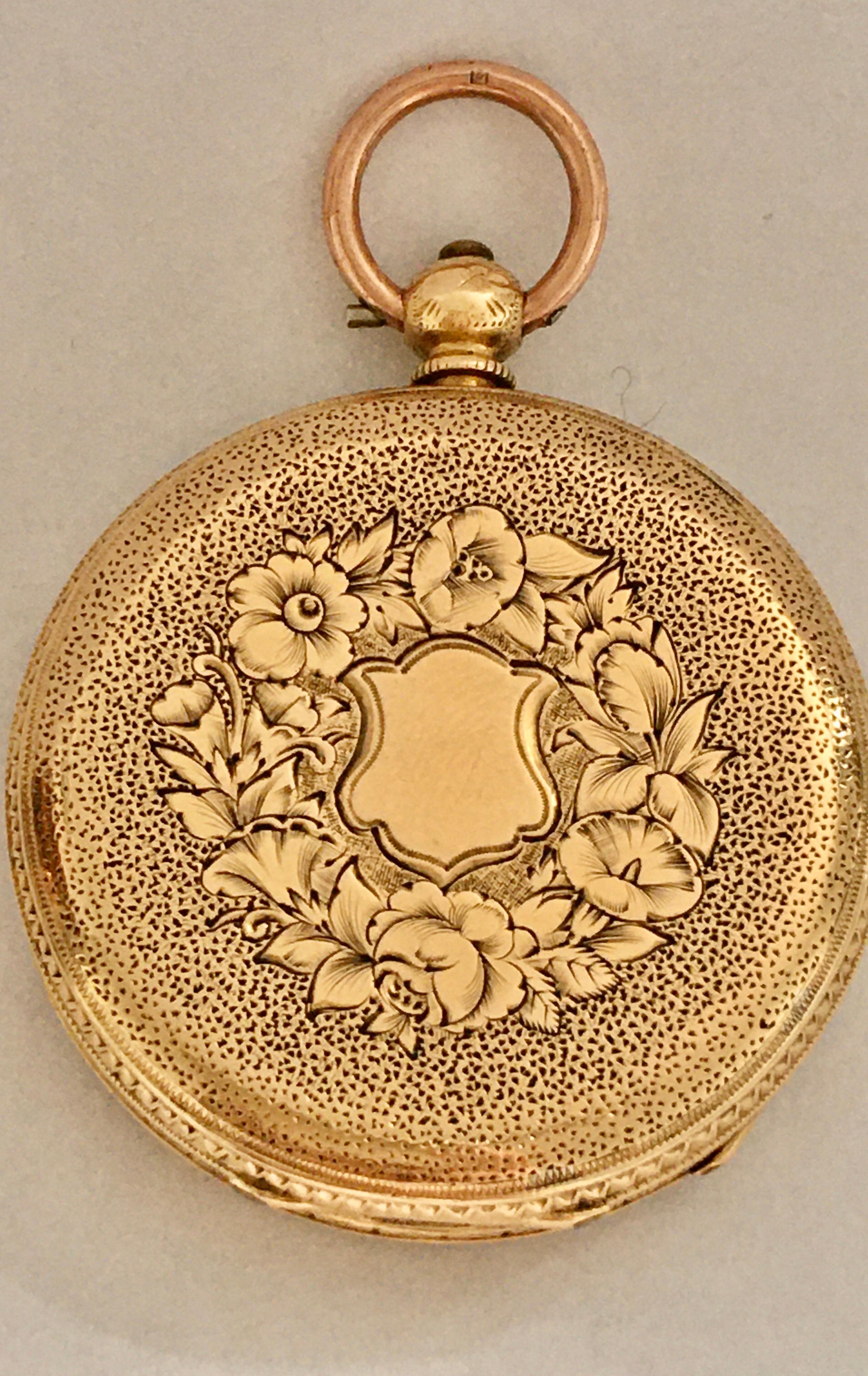 This beautiful antique key-wind gold pocket watch is working and it is ticking well. The metal ring or Loop is different colour to the watch case as shown. This watch is measured approximately 35mm diameter and weighed 31.4 grams.

Please study the