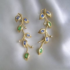Blue Sapphires, Green Garnets & Diamond Vine Earrings in 18K Gold