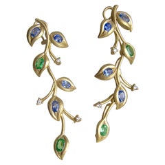 Blue Sapphires, Green Garnets & Diamond Vine Earrings in 18K Gold