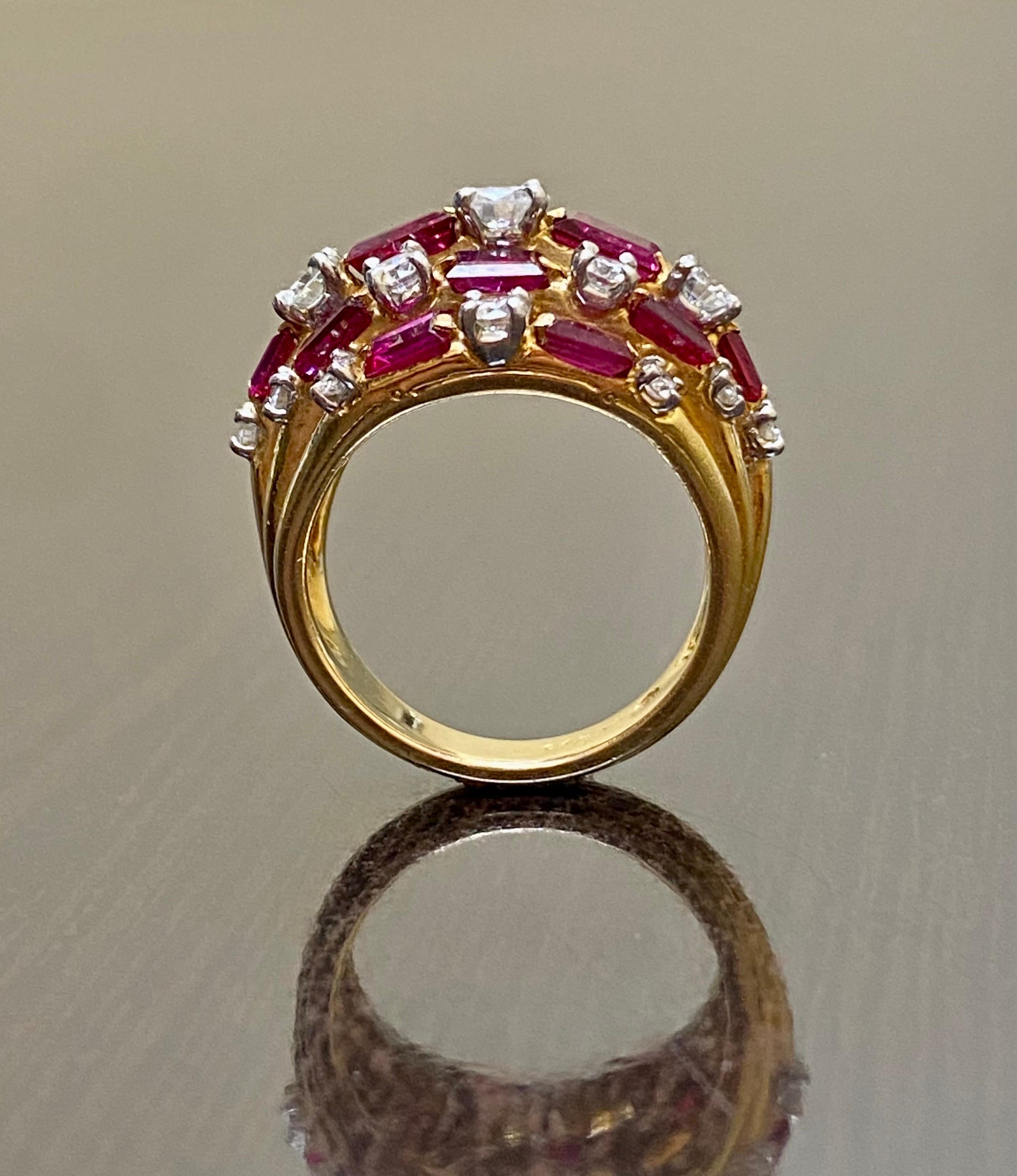 DeKara Designs Estate Collection

Metal- 18K Yellow Gold, .750, 90% Platinum 10 % Iridium.

Stones- 19 Round Diamonds F-H Color VS1 Clarity, Approximately 1.10 Carats, 14 Baguette Burmese Rubies, Approximately 3.20 Carats.

Size-6. Free Sizing only