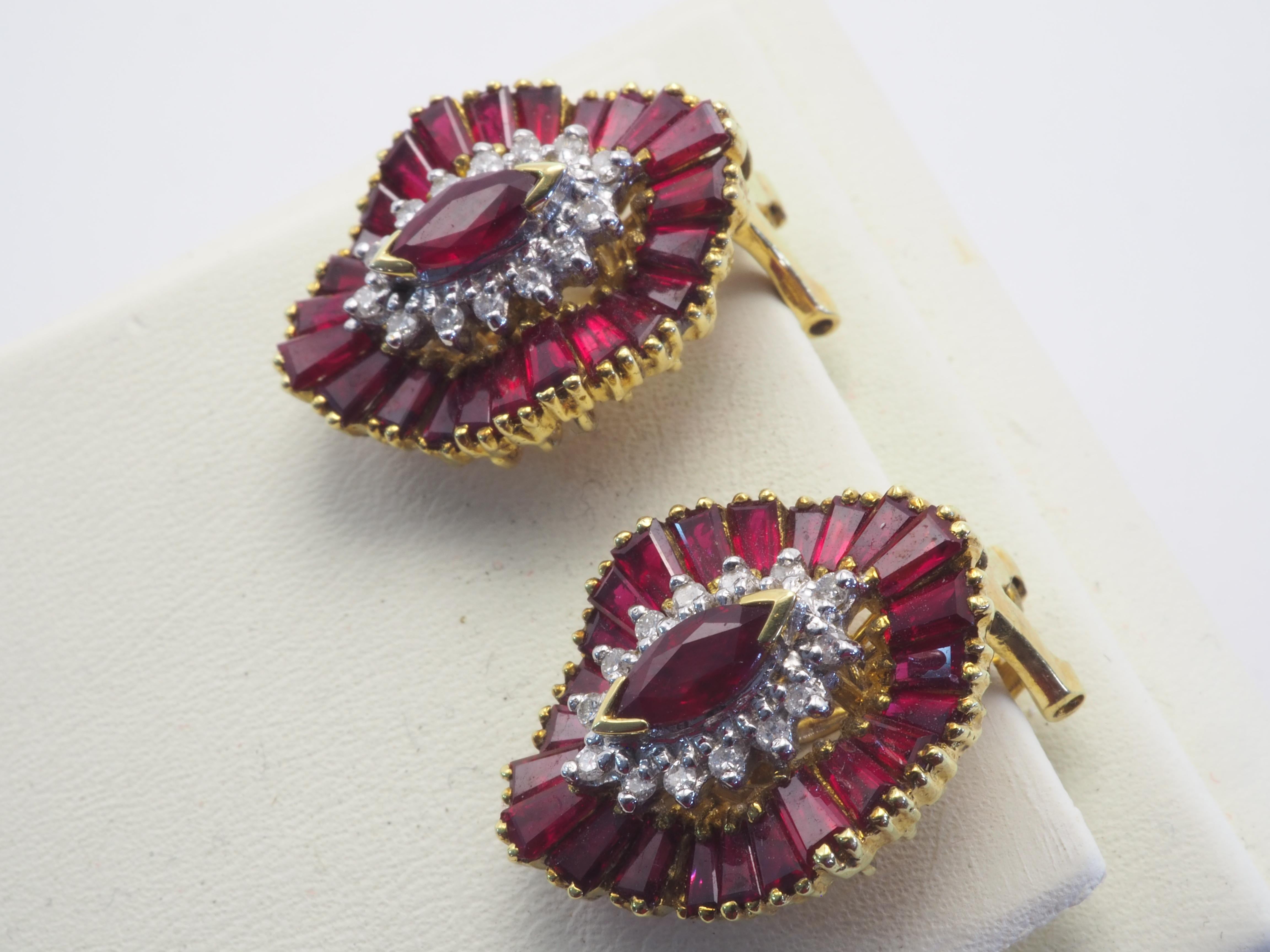 Marquise Cut 18K Gold Vintage 7.39ct Marquise Ruby & 0.23ct Diamond Broad Hat Earrings
