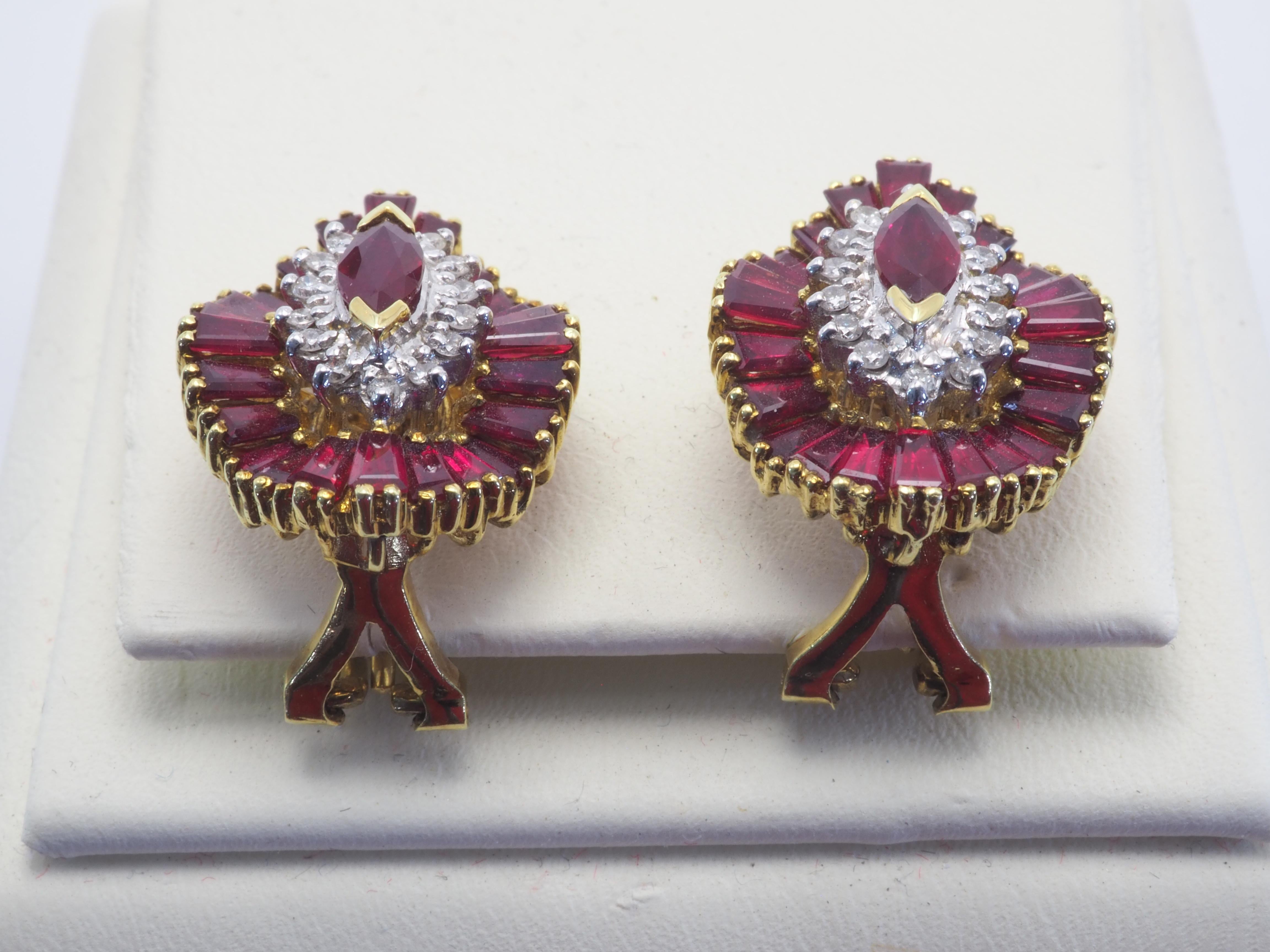 18K Gold Vintage 7.39ct Marquise Ruby & 0.23ct Diamond Broad Hat Earrings In Excellent Condition In เกาะสมุย, TH