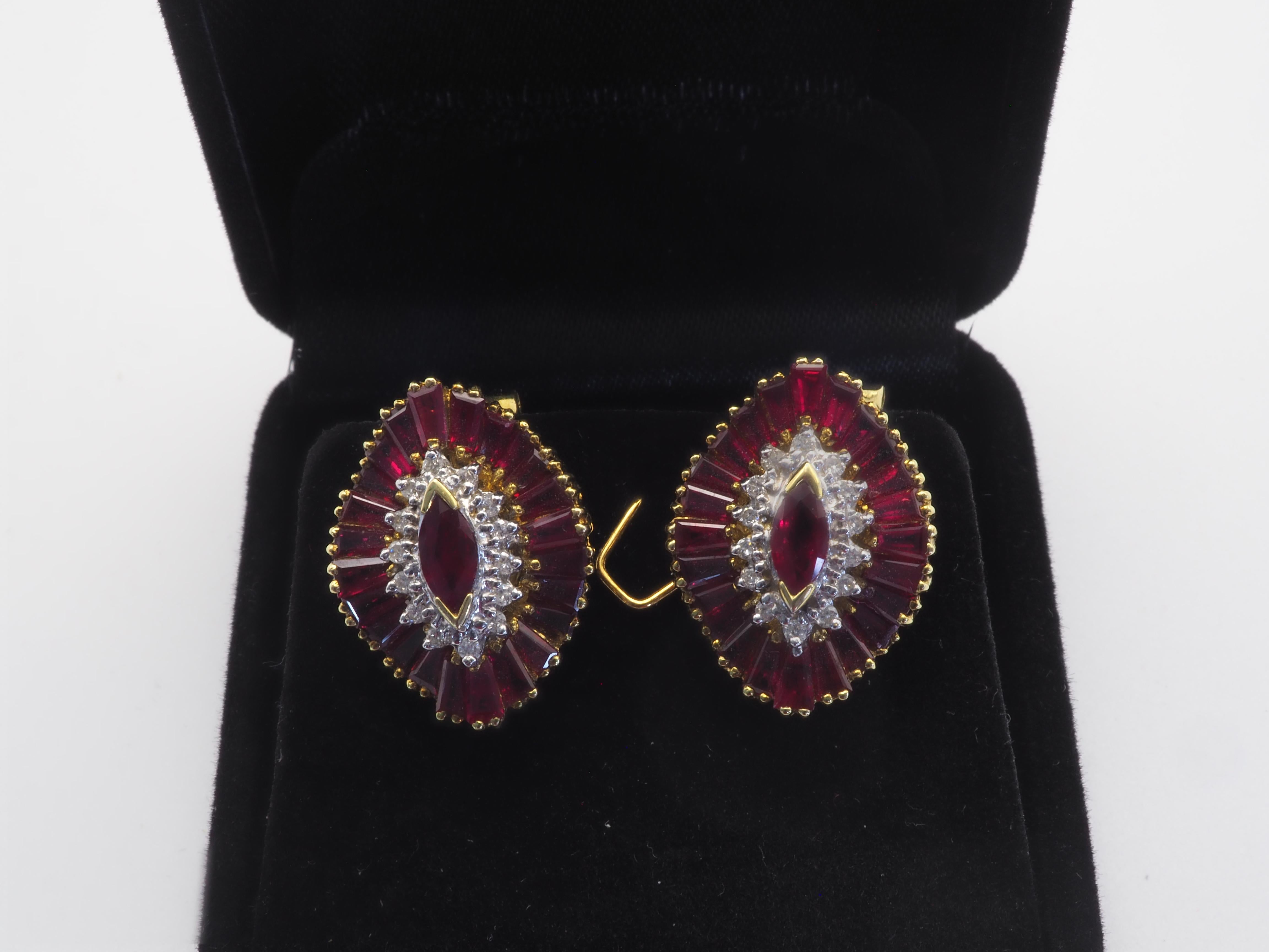 18K Gold Vintage 7.39ct Marquise Ruby & 0.23ct Diamond Broad Hat Earrings 3