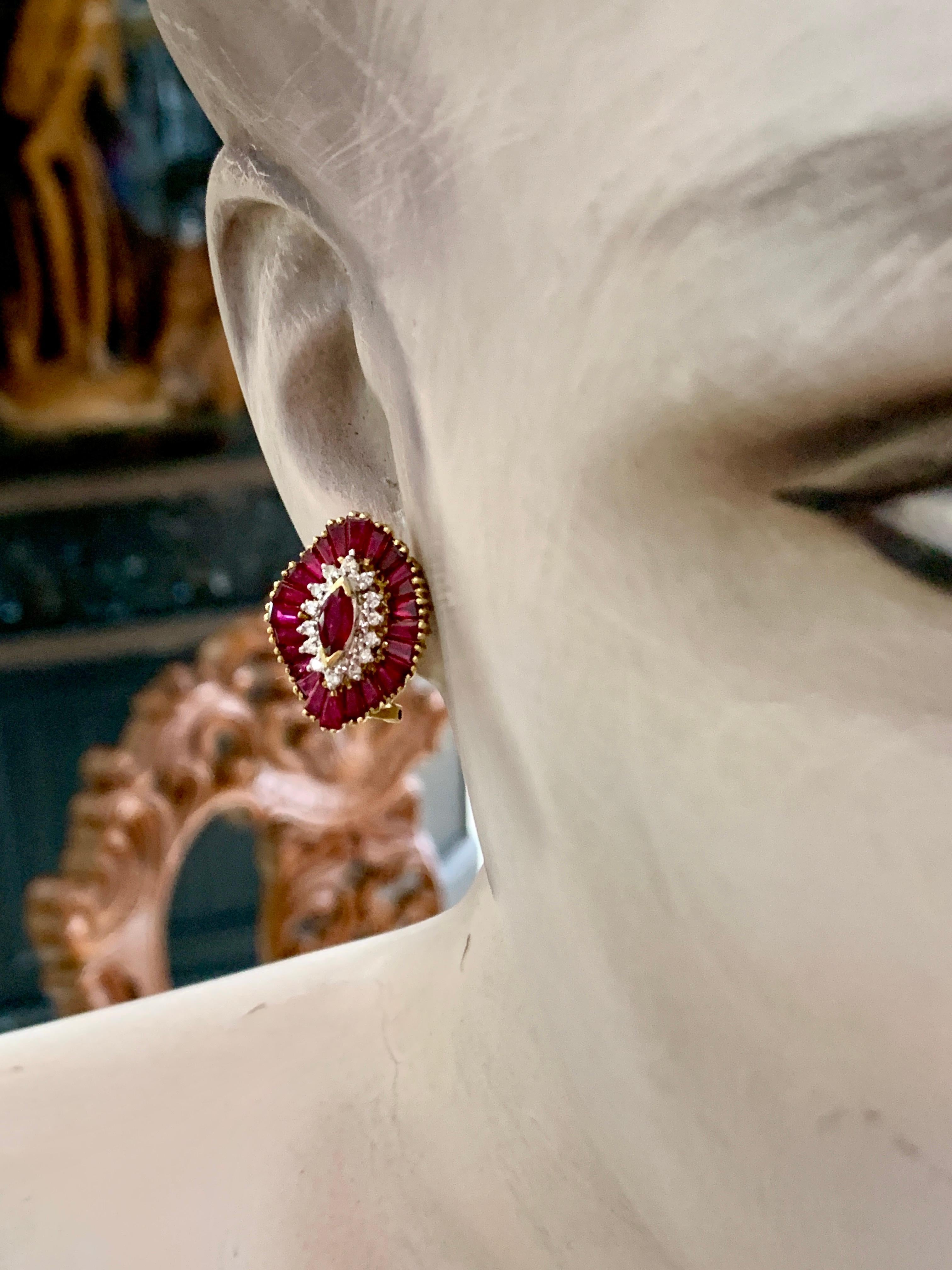 18K Gold Vintage 7.39ct Marquise Ruby & 0.23ct Diamond Broad Hat Earrings 1