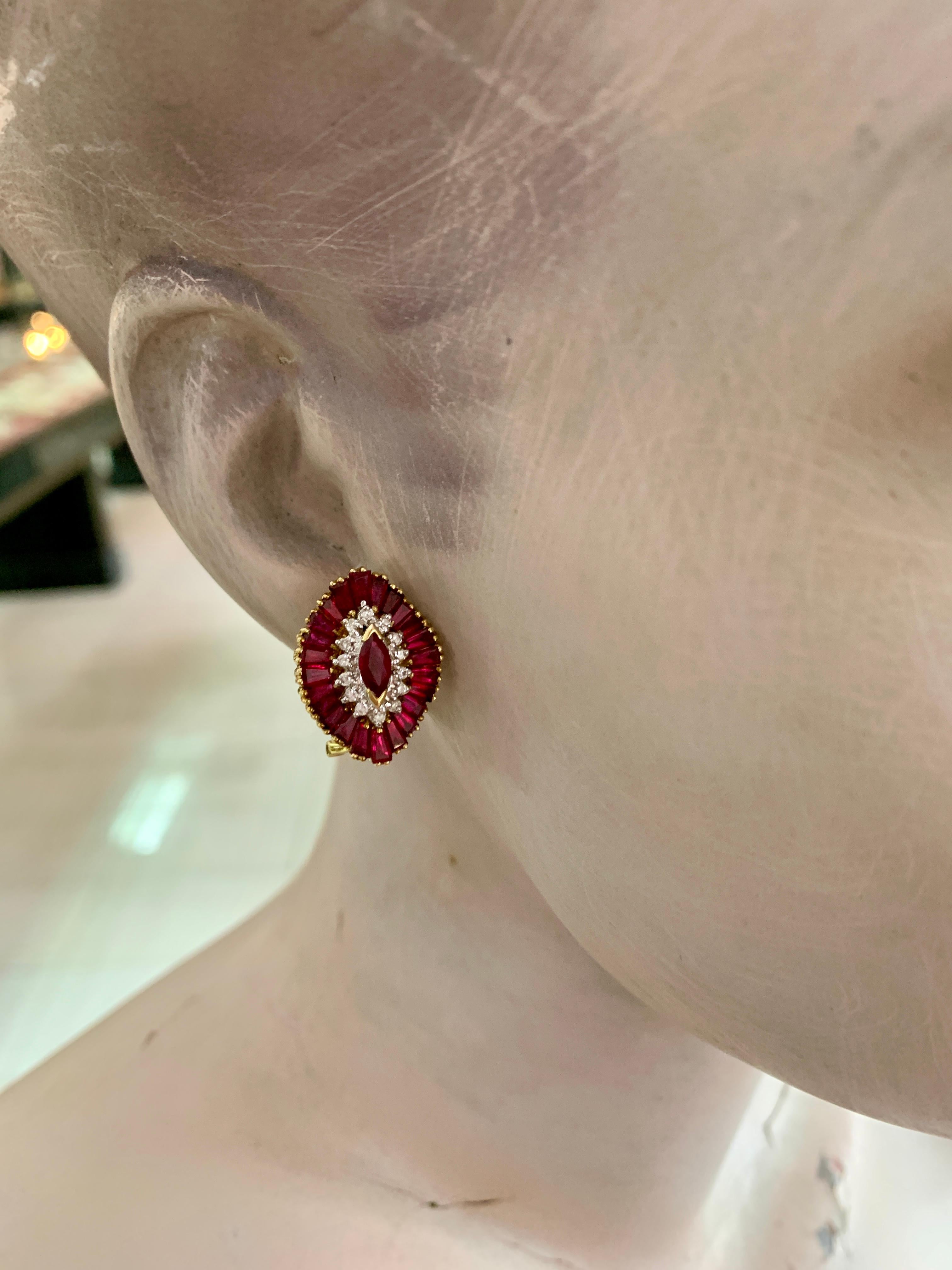 18K Gold Vintage 7.39ct Marquise Ruby & 0.23ct Diamond Broad Hat Earrings 2