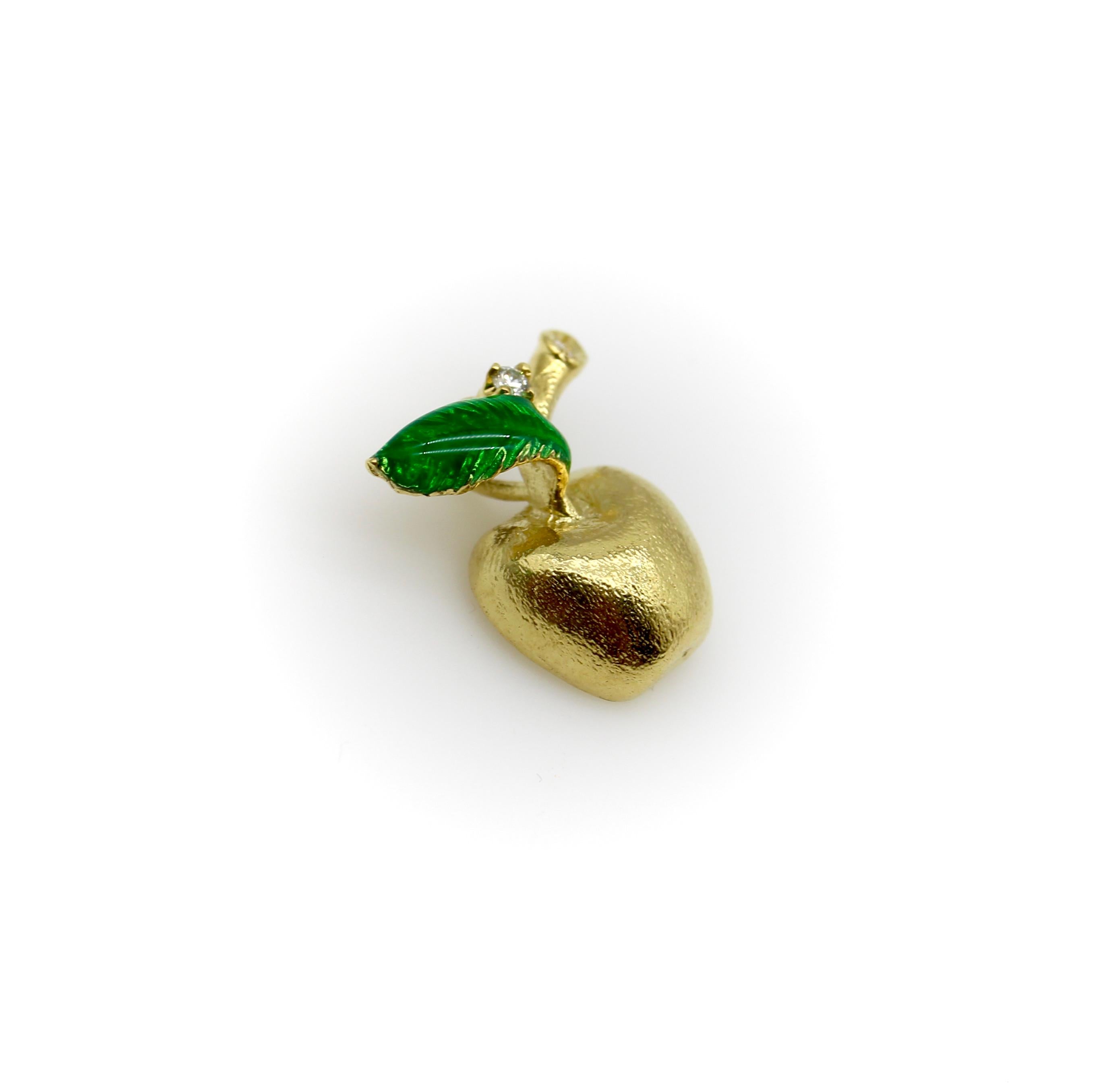 Modern 18K Gold Vintage Apple Diamond and Enamel Charm For Sale