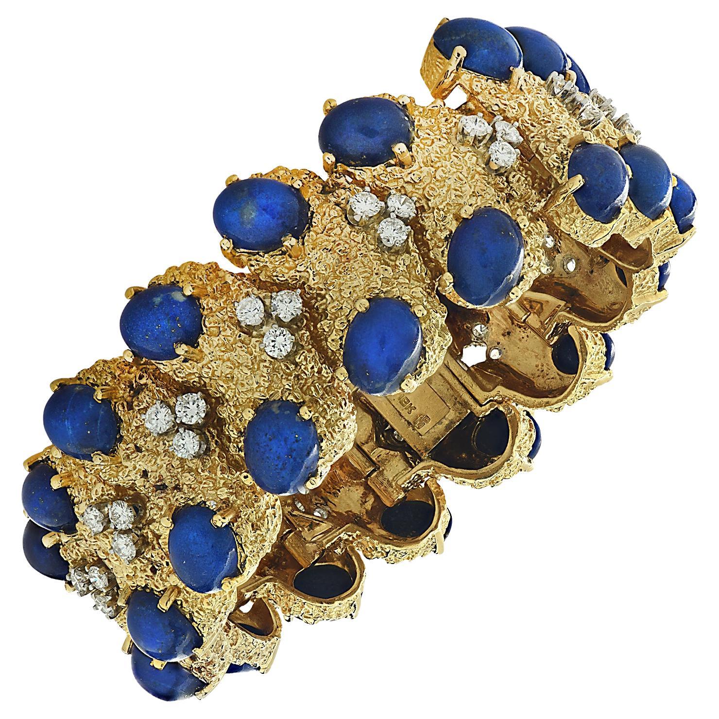 18K Gold Vintage Bracelet with 44 Brilliant Diamonds & Lapis Lazuli - Mid-Centur For Sale