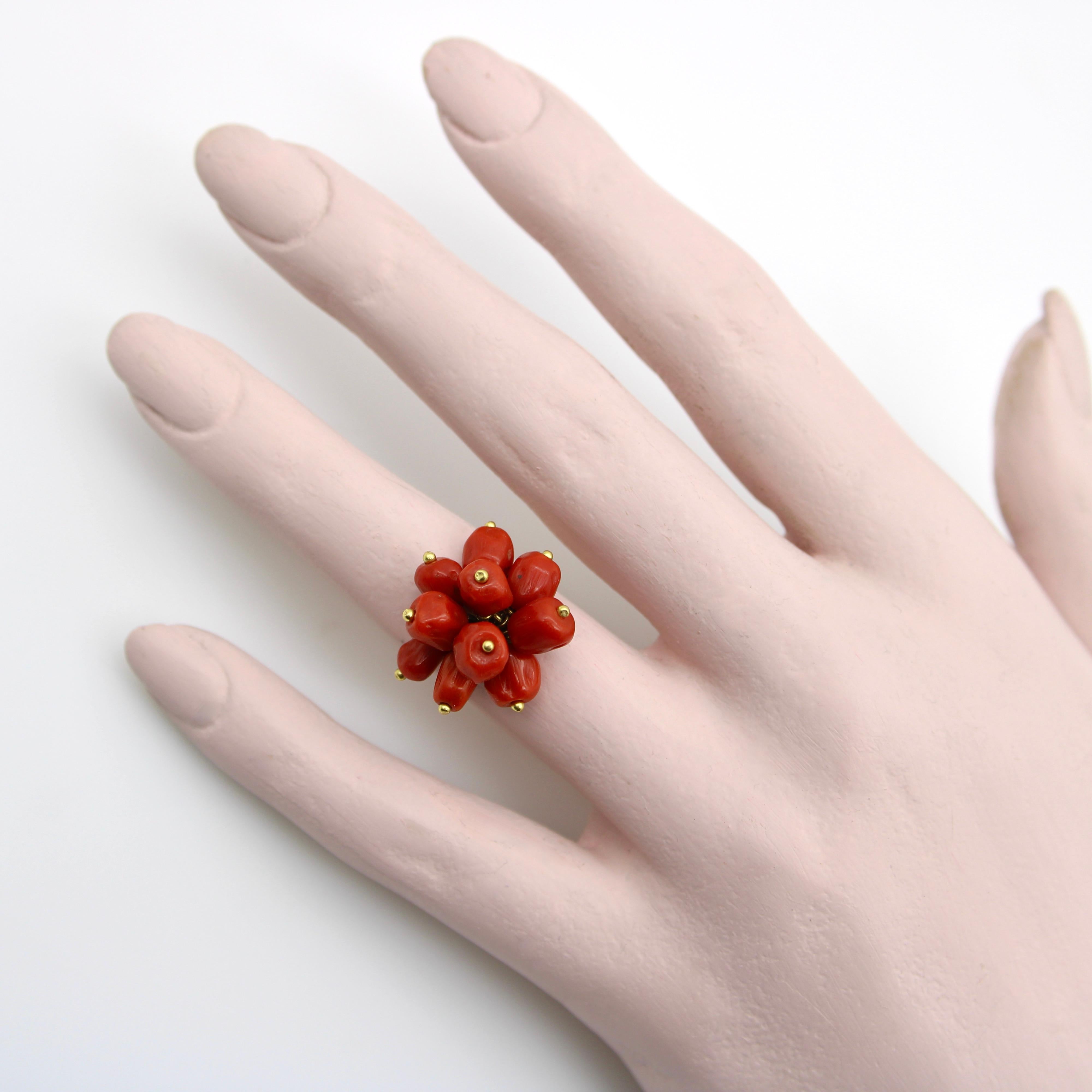 Bead 18k Gold Vintage Coral Berry Cluster Ring For Sale