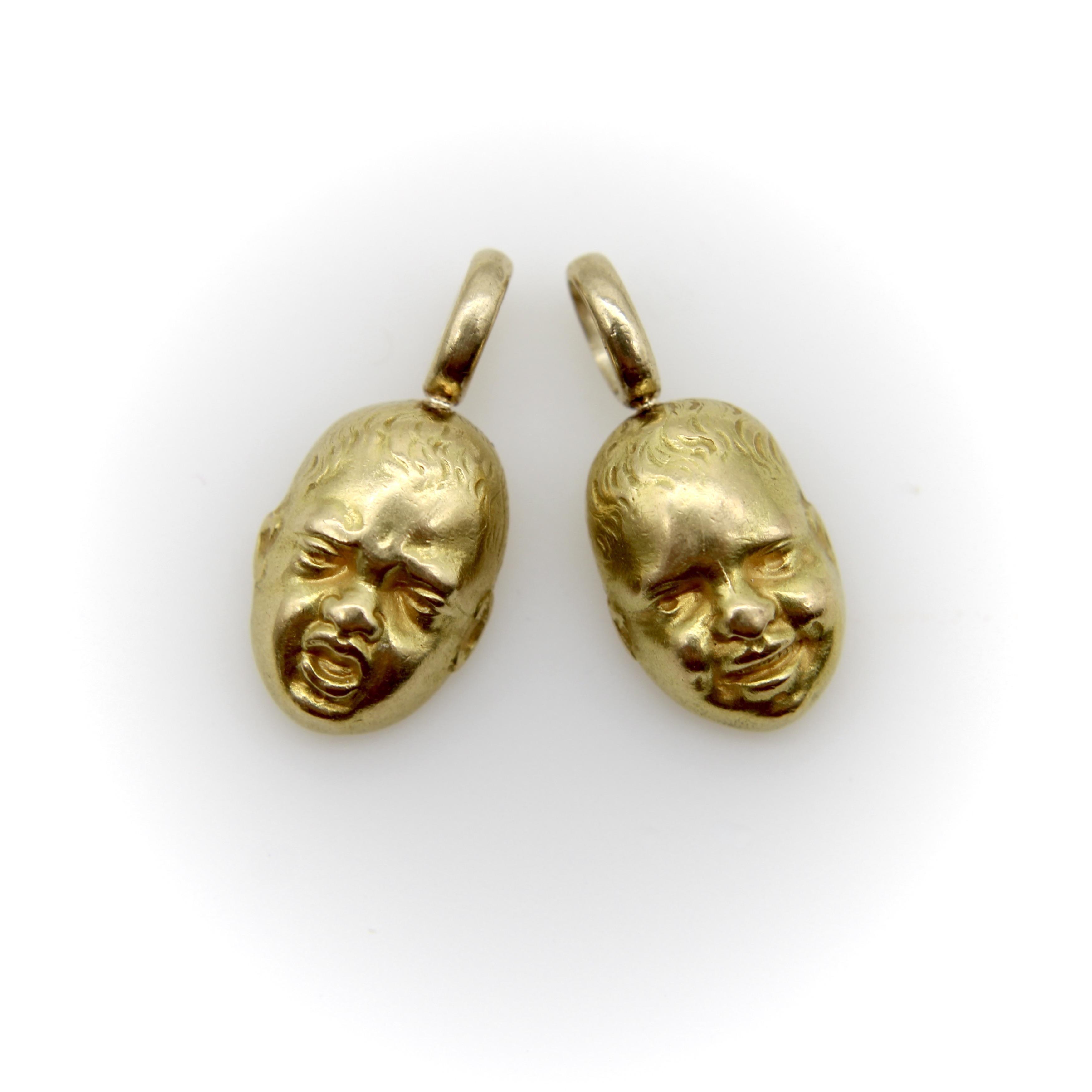 18K Gold Vintage Crying Baby Face  Charm / Pendant in vendita 3