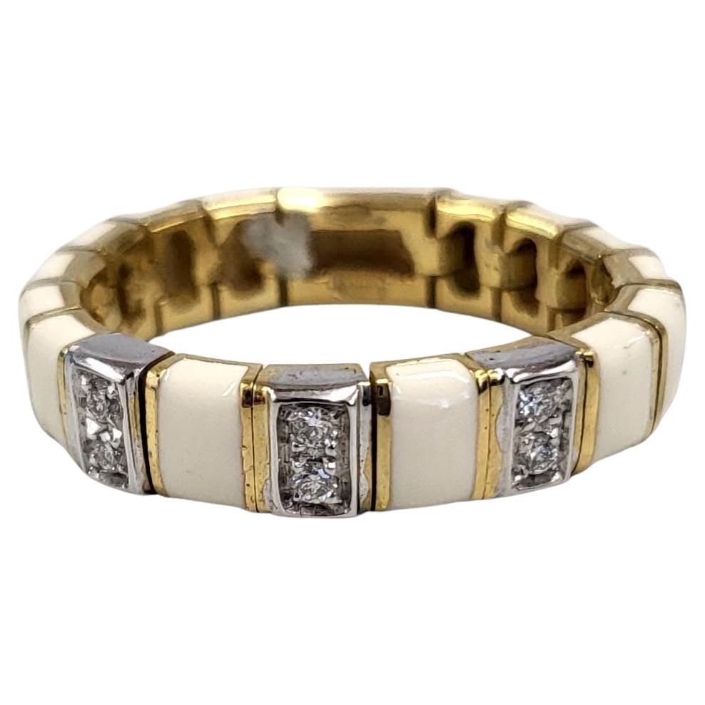 18K Gold Vintage Italian White Enamel Diamond Mesh Ring  Mesh Jewelry For Sale