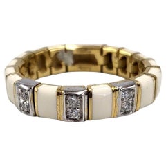 18K Gold Vintage Italian White Enamel Diamond Mesh Ring  Mesh Jewelry